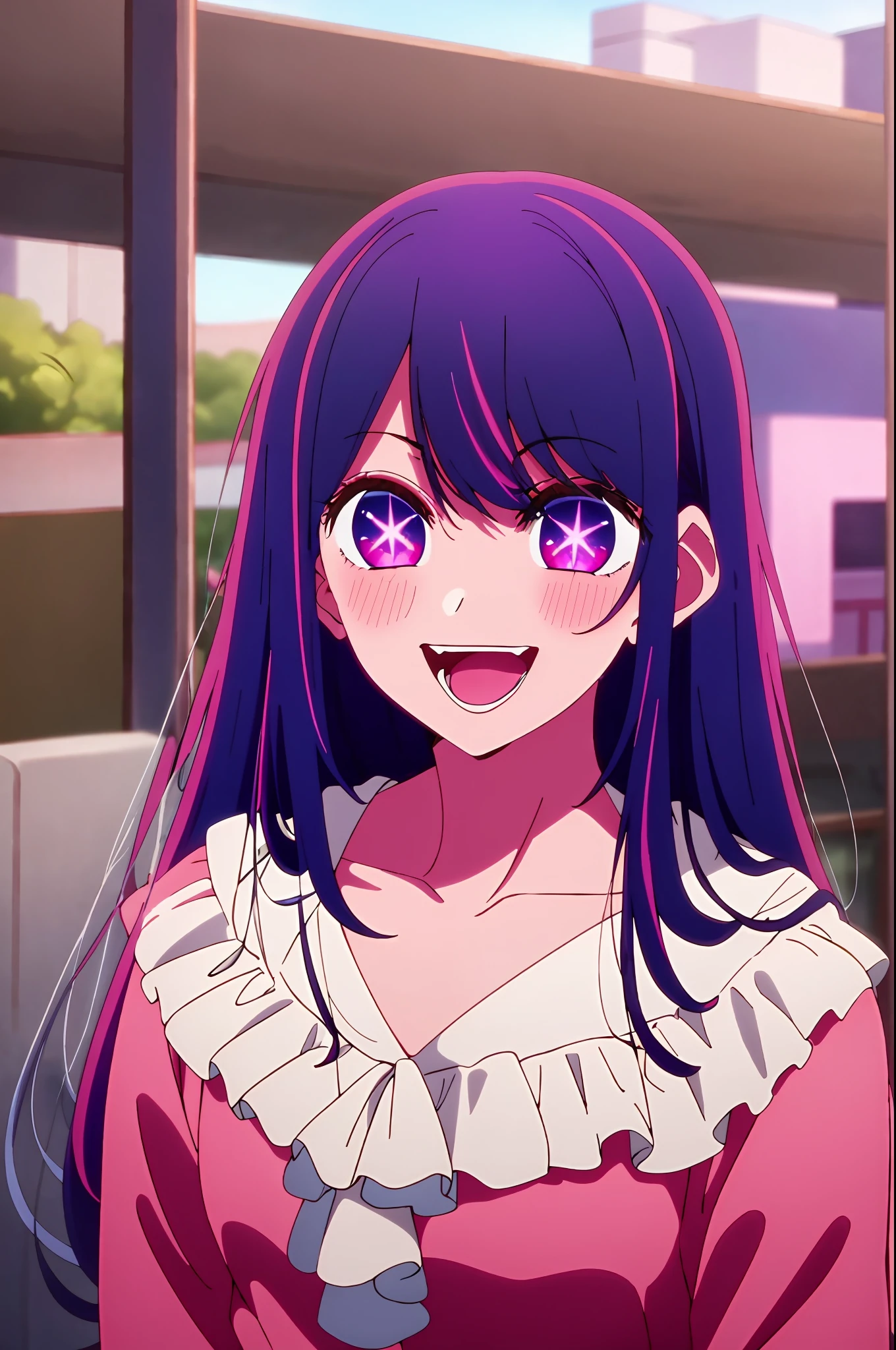 masterpiece、ighly detailed、(1 girl in:1.2)、purple color hair、pink dress、big eye、a closeup、a smile、8K 、Ai Hoshino、Live performance venue
