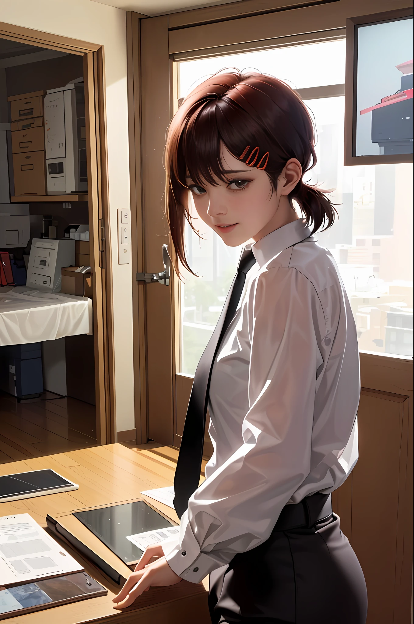 tmasterpiece,best qualtiy,ultra - detailed,illustratio,epic lighting,cinematic compositions,isometry,1girl,独奏,adolable,with brown eye,black color hair,sweeping bangs,single hair,red hair clips,white under lingerie,black necktie,Clear black pants,formal,a captivating gaze,captivating posture,inside in room,office room,doors,Open the door,looking at viewert,peeking out upper body,Be red in the face,seduct smile,Shut your mouth,soaking wet(8k:1.1),