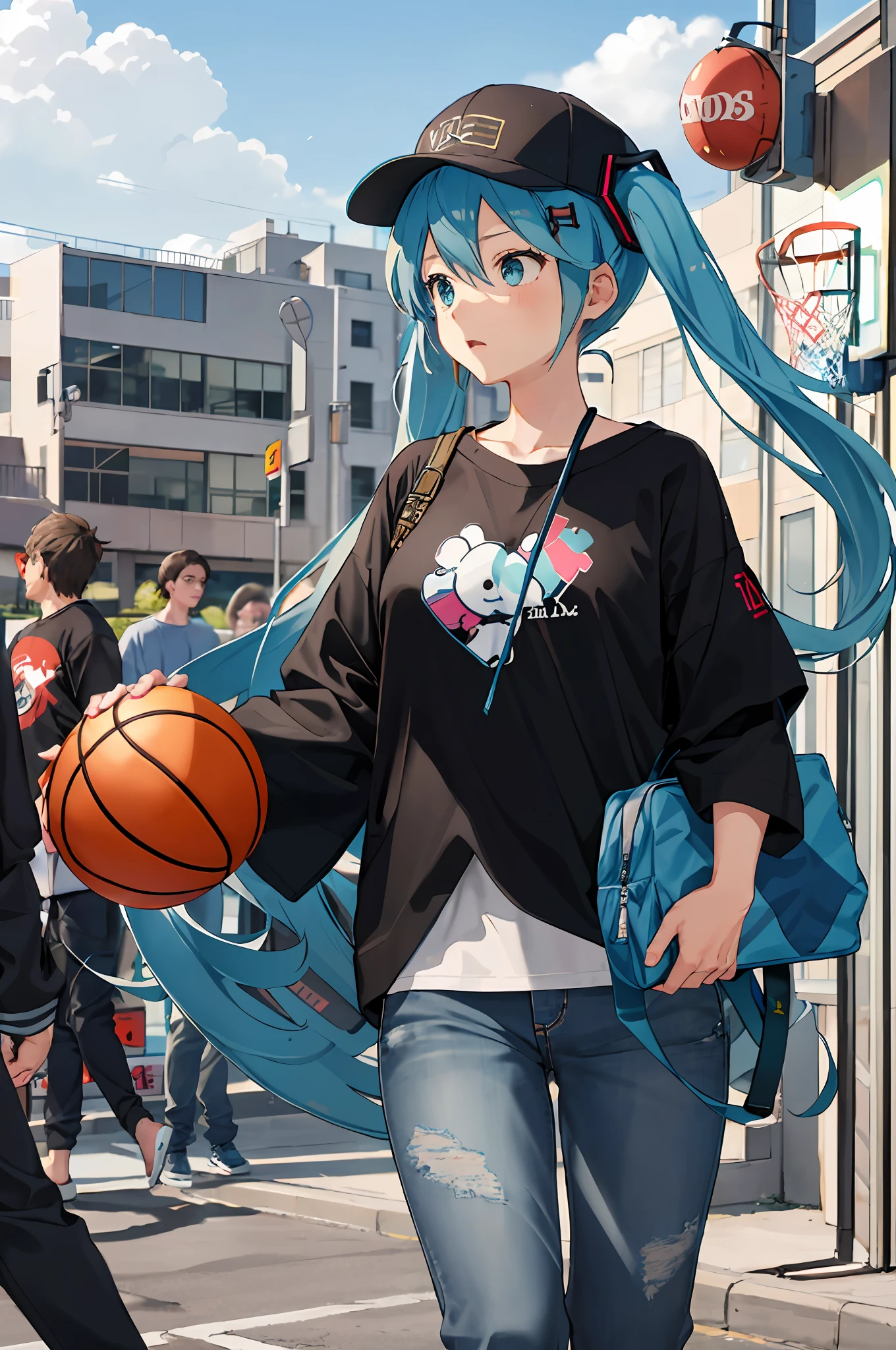 Big breasts Hatsune Miku， street， tee shirt， trouser， squatt， scribbles， cap， Big basketball， staredown， disgust，denim pant