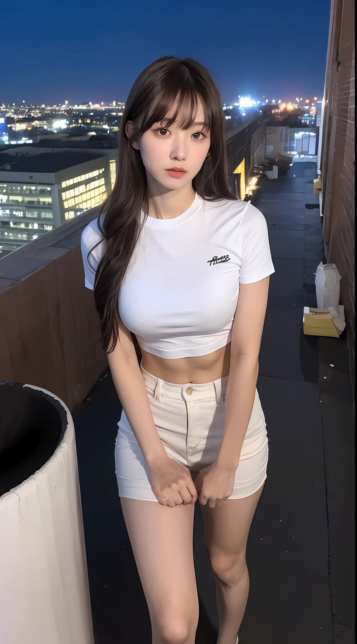 ((midynight, Need, 8K, tmasterpiece:1.3)), full bodyesbian, Long legs, Focalors:1.2, Handsome guy with perfect body:1.4, Slim abs:1.1, ((Dark brown hair,)), (white tight t-shirt, Abs, standing on your feet:1.2), ((city night scene, the roof:1.3)), Highly detailed facial and skin texture, A detailed eye, 二重まぶた,1boy,hair with bangs(untidy,fluffly)