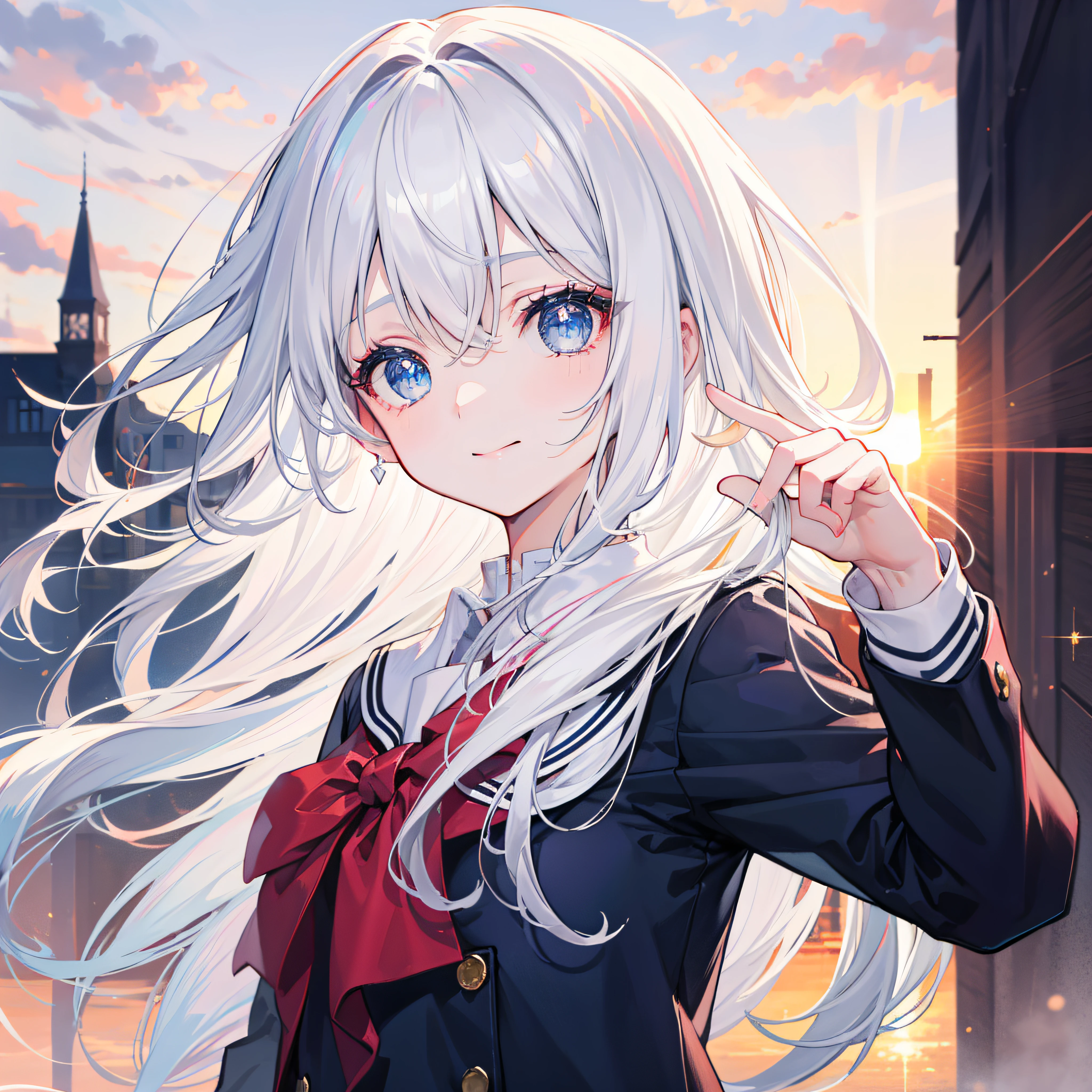 White-haired school uniform, long hair, blue eyes, background blurred sunshine, sunset, innocent smile, ultra-high-definition picture quality, dazzling masterpiece, light makeup, crystal clear fair skin, sparkling winter scenery upper body 。