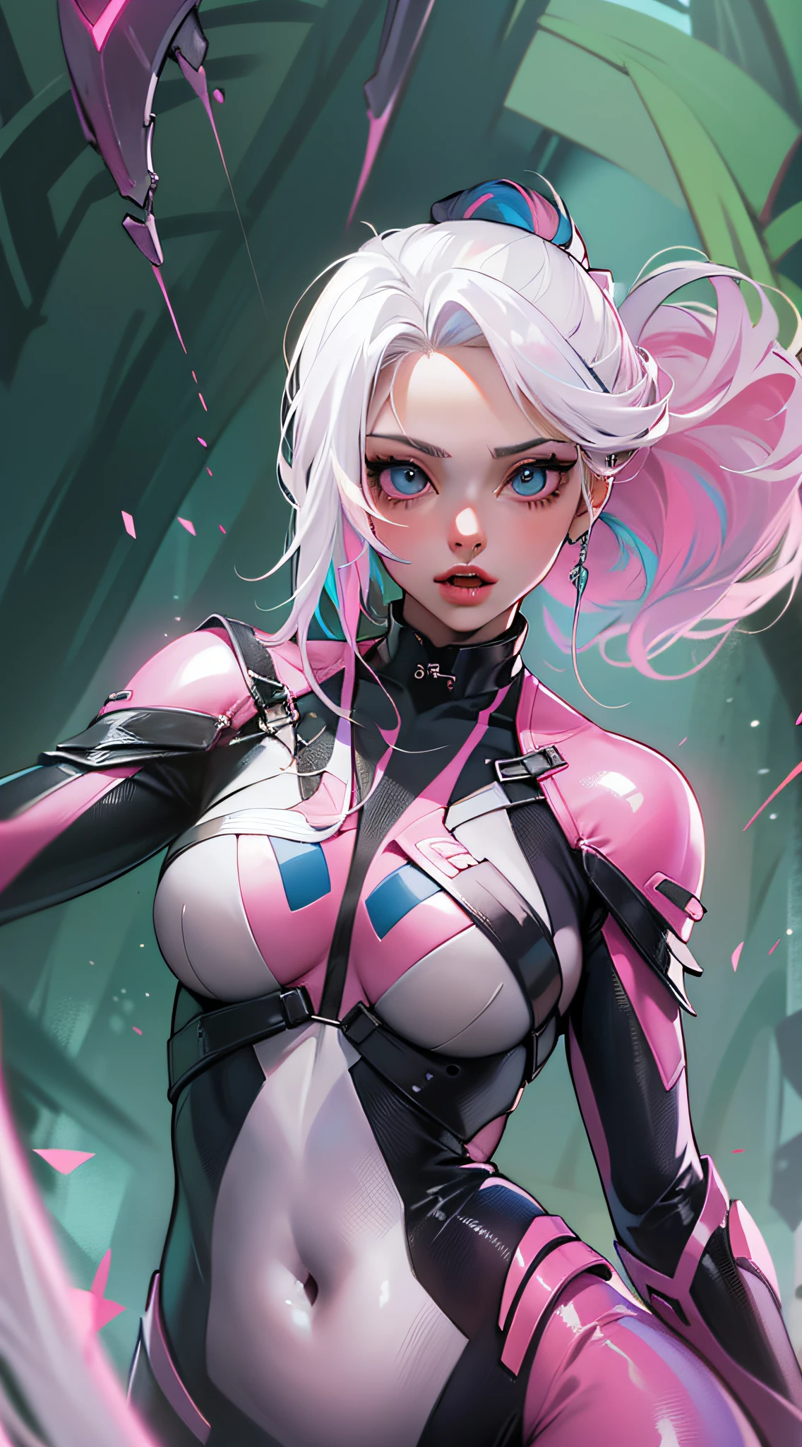 ((Masterpiece)), best quality, absurderes, ultra detailed, super beautiful girl with beautiful eyes, beautiful multicolored white hair, high ponytail, nice and sexy body, wearing a pink and black plugsuit, fighting with super luminescent powers in a fantasy world