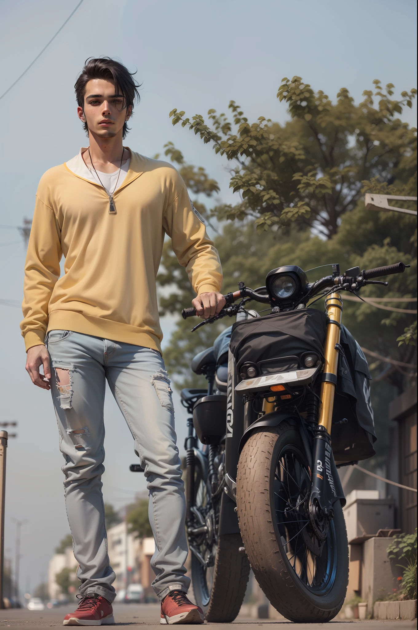 Background change cyberpunk handsome boy with brand bike ultra modem realistic face