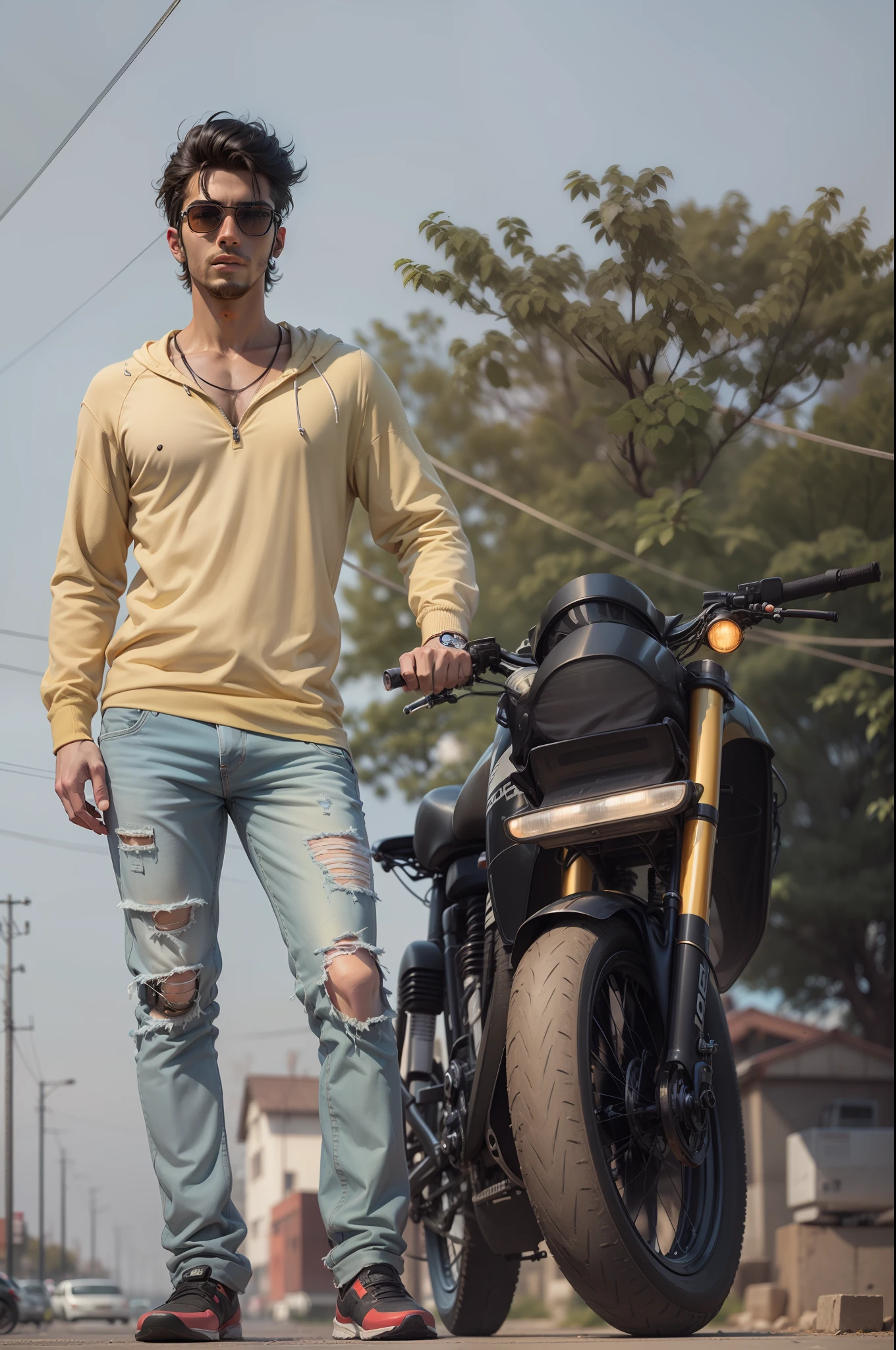 Background change cyberpunk handsome boy with brand bike ultra modem realistic face