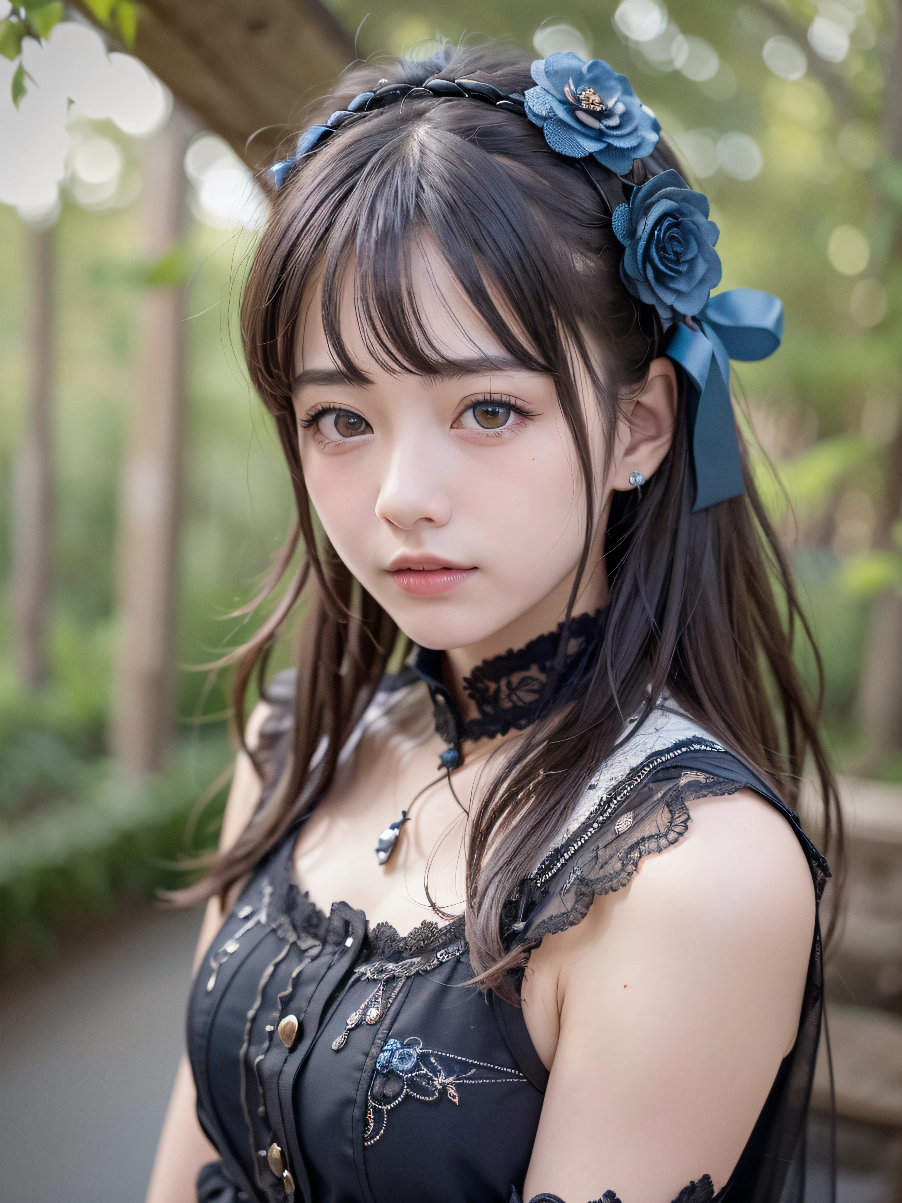 (realistic, photo realistic:1.37), incredibly absurdres, (insanely detailed:1.3), 8k, (masterpiece), (best quality:1.4), (ultra high res:1.2), (raw photo:1.2), (unity 8k wallpaper), 1 nogizaka girl, utterly cute, (bishojo:1.35), (15yo:1.4), ((alice and the pirates fashion)), delicate detailed beautiful dress, ((hair accessory with blue rose)), an exquisitely detailed and beautiful face and eyes and skin, detailed black shine hair, smile at the camera, cowboy shot, petit trianon garden and farmhouse, view a village and lake, ultra detailed background, professional lighting