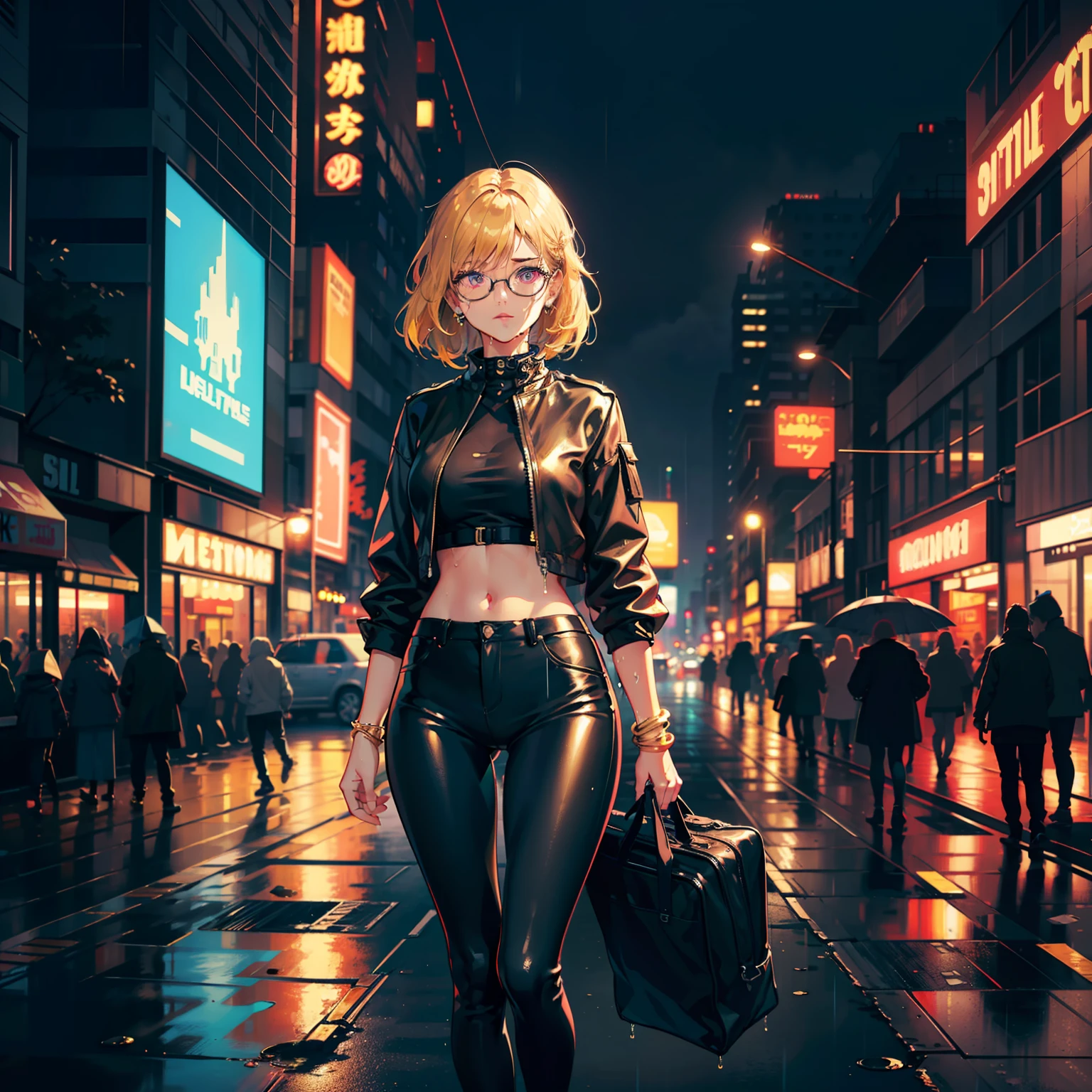 ((best quality)),((masterpiece)),(detailed),(realistic:0.8),ultra high res,Highly detailed,beautiful detailed eyes,1girl,solo,glasses,Perfect female body,wet,Melting Gold hair,leather pants,bangle,Bokeh,Grim,Process Art,cinematic lighting,Rule of Thirds,8K,cityscape,skyline,rain,Bustling city,neon lights,