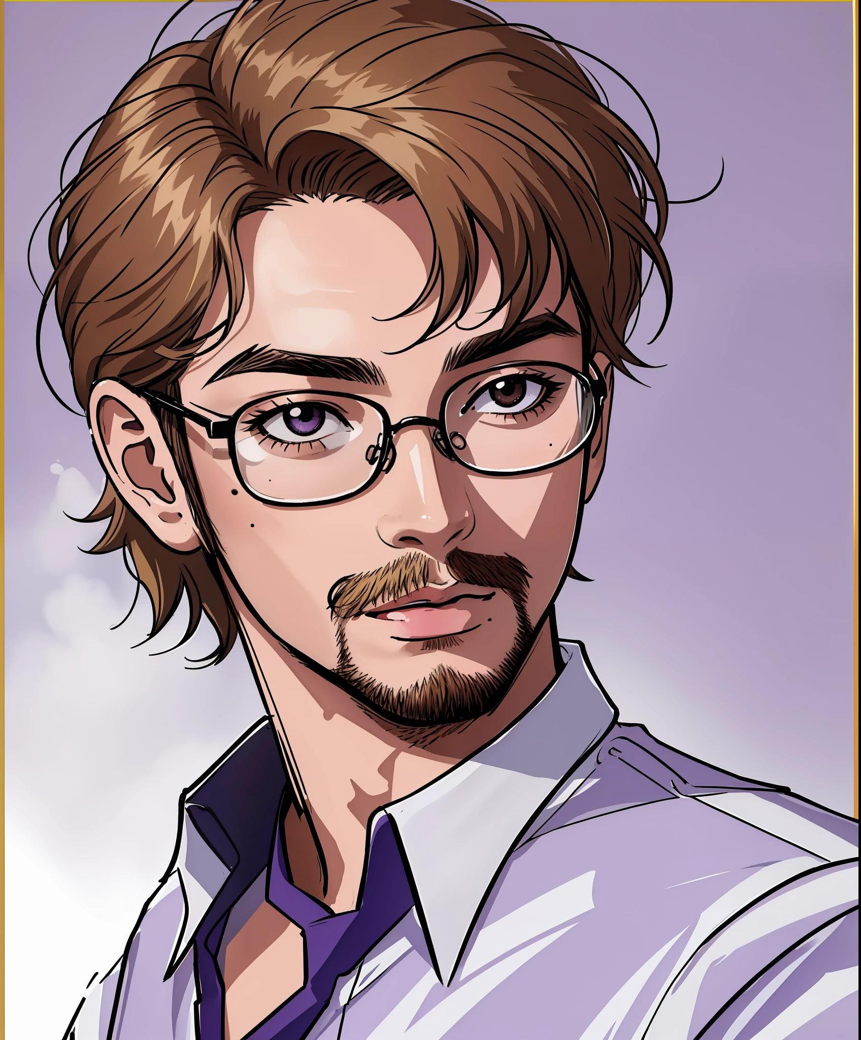 (lineart:1.31), 1boy, black-framed eyewear, dark blonde hair, BREAK purple collared shirt, facial hair, glasses, male focus, mole, realistic, red shirt, round eyewear, shirt, solo