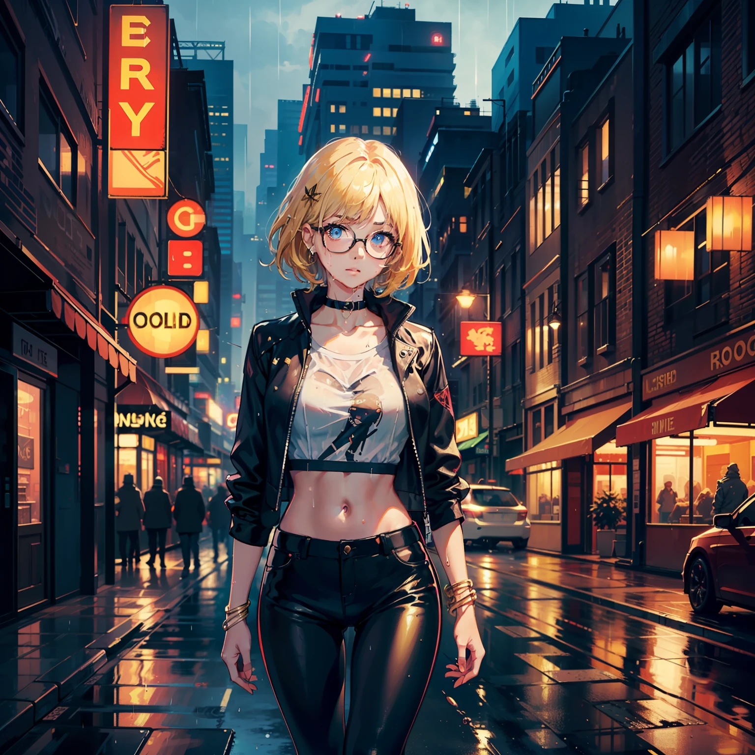 ((best quality)),((masterpiece)),(detailed),(realistic:0.8),ultra high res,Highly detailed,beautiful detailed eyes,1girl,solo,glasses,Perfect female body,wet,Melting Gold hair,leather pants,bangle,Bokeh,Grim,Process Art,cinematic lighting,Rule of Thirds,8K,cityscape,skyline,rain,Bustling city,neon lights,