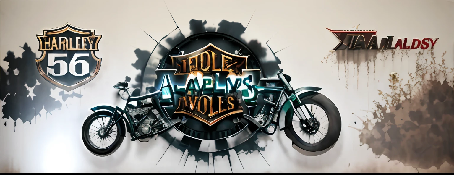 Alafard Wall with Harley-Davidson logo and various motorcycles, harley davidson, harley davidson motorbike, highly detailed 3 d art, very hyper realistic, detailed airbrush art, HD art, 3d ultrarealistic, airbrushed artwork, Ultra photo realsisim, 3 D 徽标, ultradetailed mural, hq artwork, hd vector art, Realistic 3D artwork