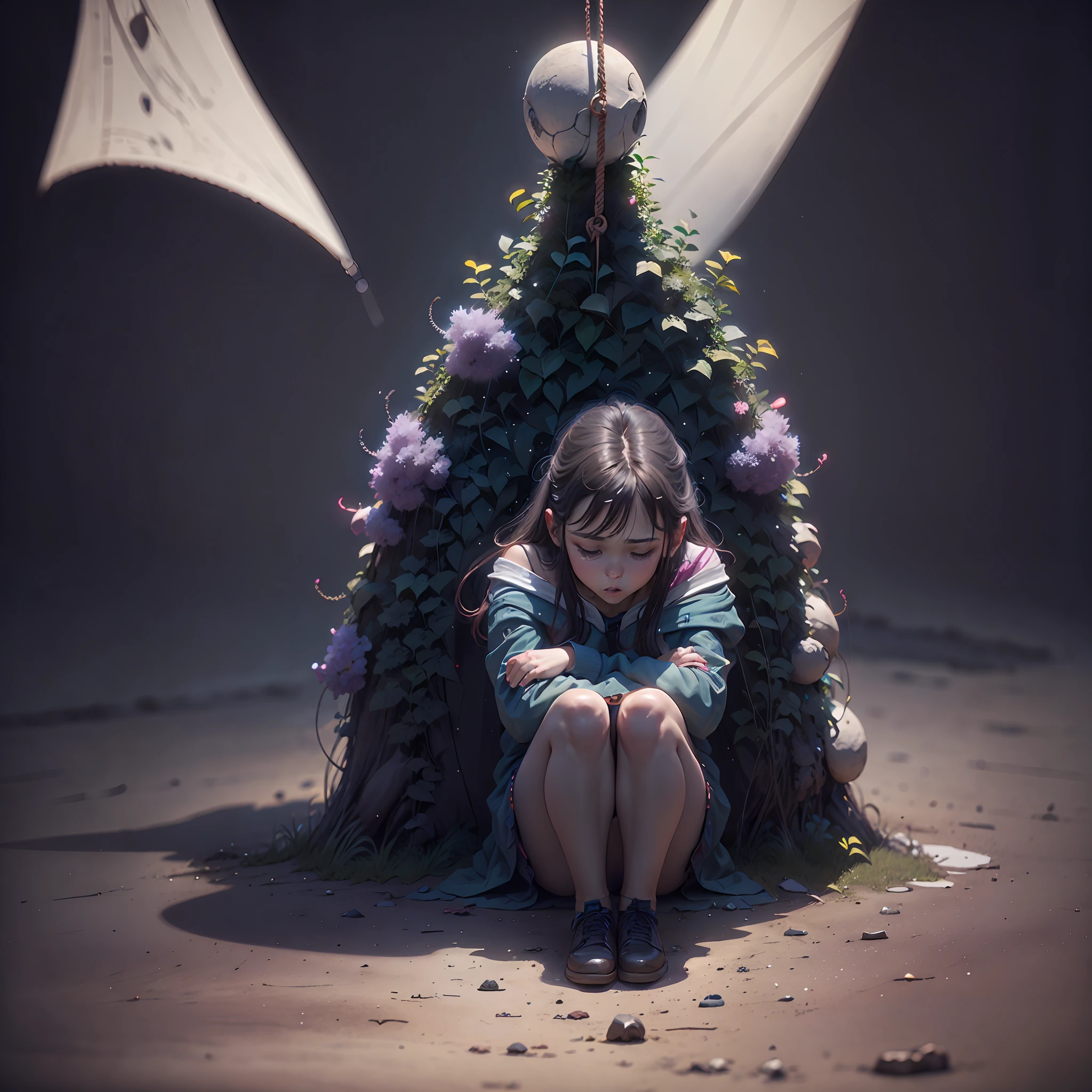 A girl kneels on the ground,Head down,The whole body is not hanging --auto