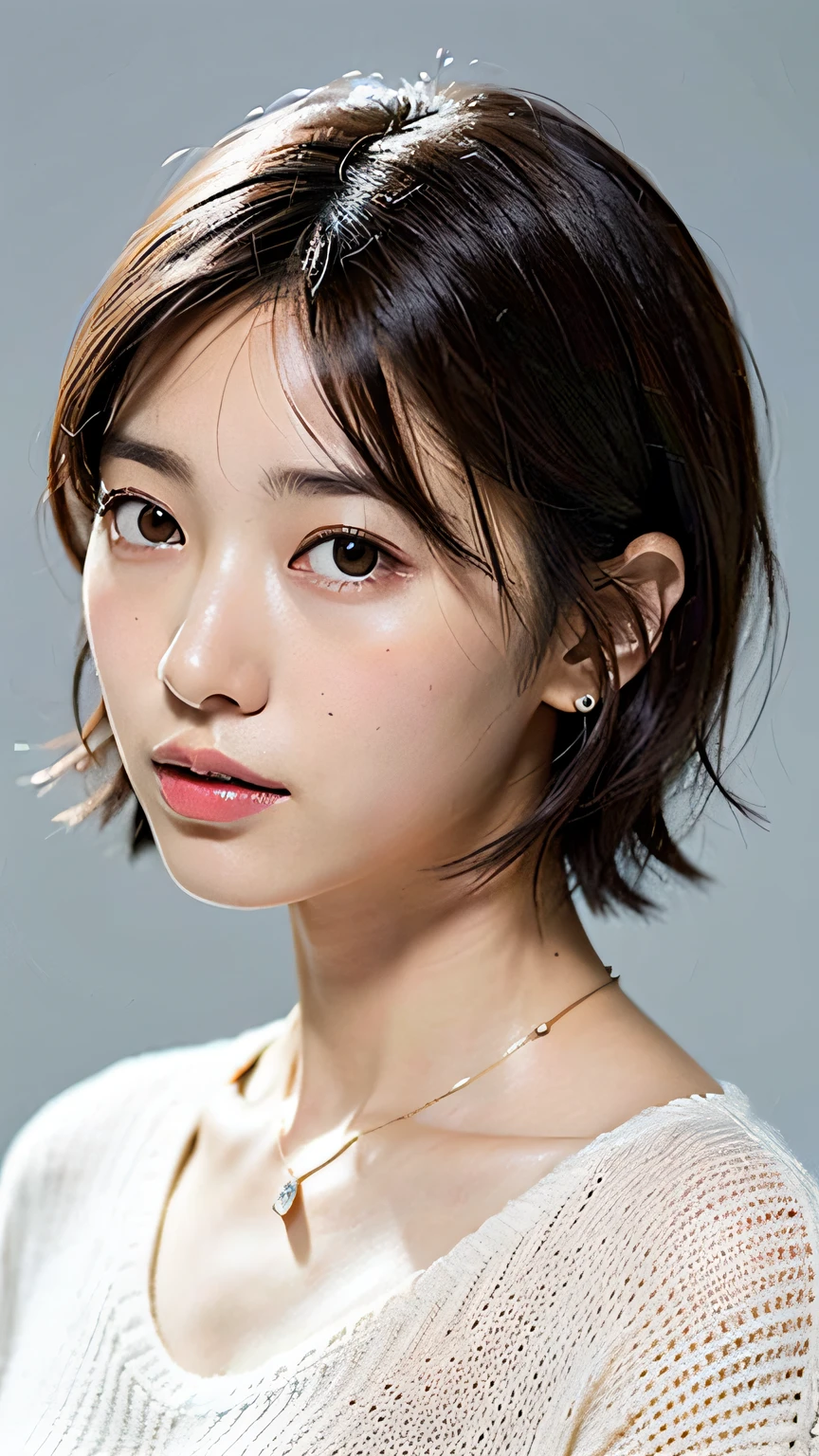 Alafed Asian Woman, swim wears,kiko mizuhara, Japanese Models, kawaii realistic portrait, Anime Realism Style, high quality portrait, by Yamagata Hiro, the face of a beautiful Japanese girl, Photorealistic beautiful face, korean symmetrical face, high-quality 4k portrait, realistic digital painting, Stunning anime face portrait, Realistic portrait photography,(Best Quality, 8K, 32K, masutepiece, nffsw: 1.2), Photo of a cute Japanese woman, Very short bob hair, Upper body, Face Focus, Oversized_Sweaters, Necklace, Simple background, From above, Watch the viewer,