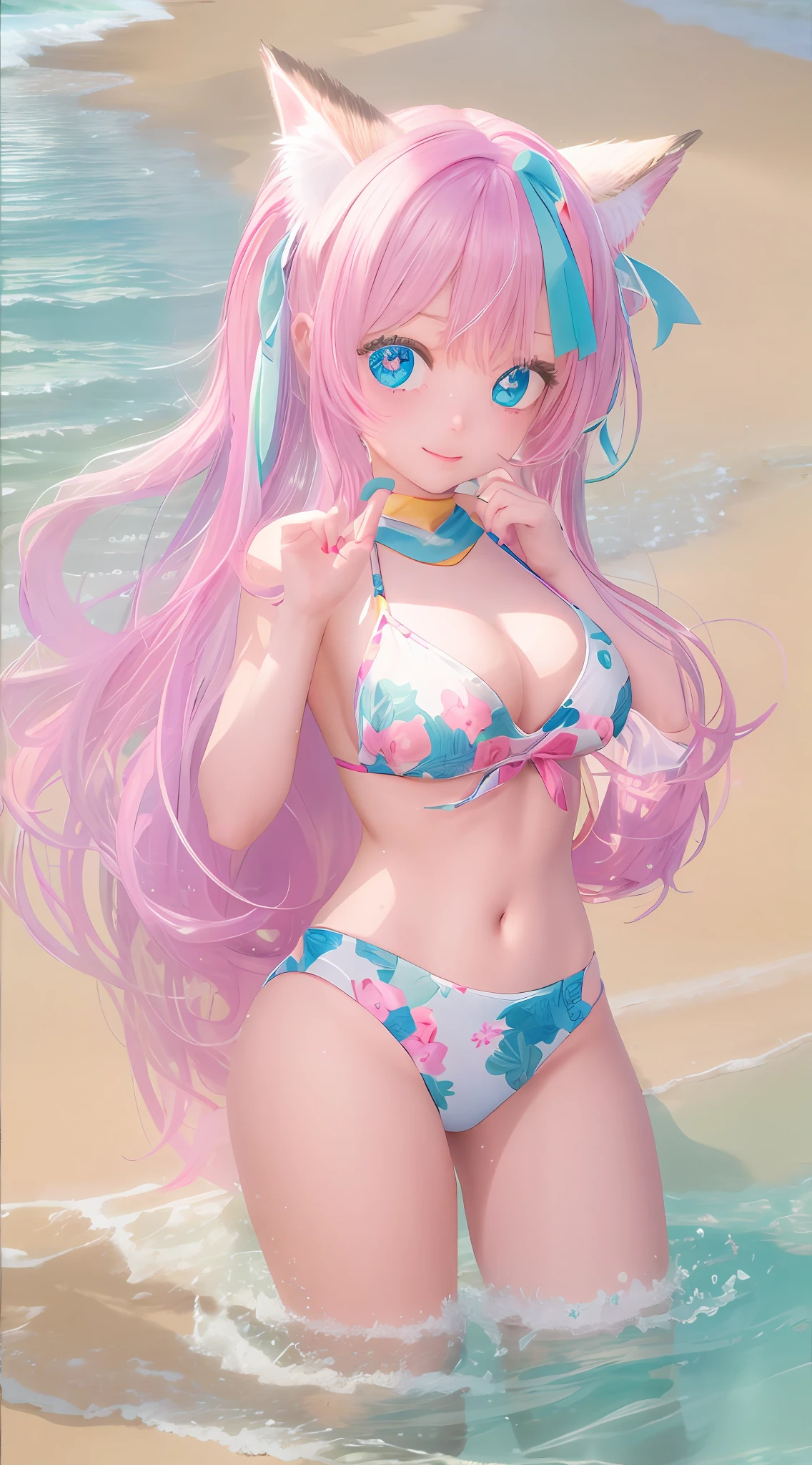 There is a woman in a bikini and cat ears on the beach, realistic bikini, Attire: Clear bikini, posing on the beach, Attractive cat girl, in beach, On the beach, pink twintail hair and cyan eyes, in a bathing suit, White Cat Girl, sandbeach, bathing suit, On a beach, swim wears, in the beach, hd screenshot，Bare skin。Bigchest