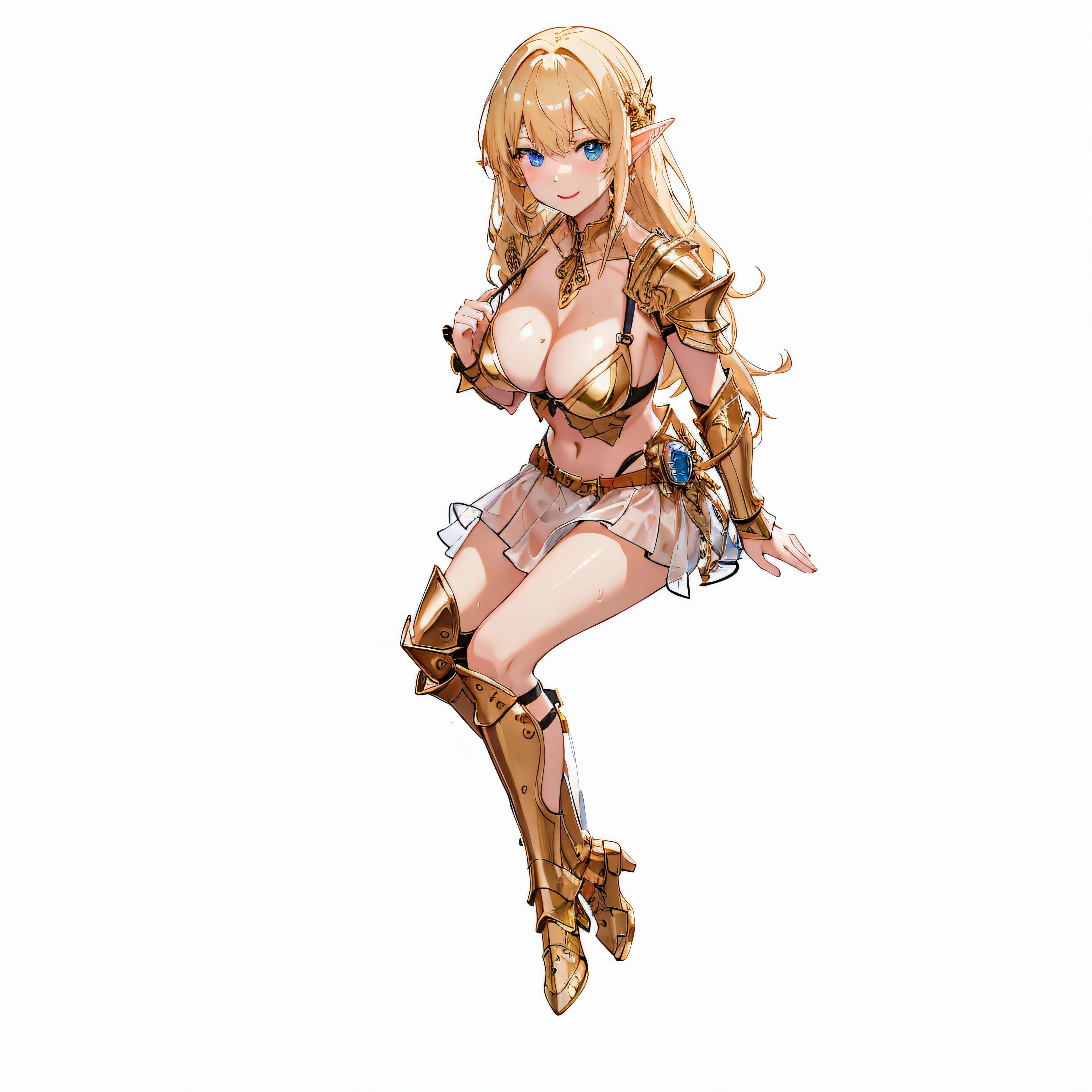 Full body like、Anime girl with blonde hair and gold armor posing naked、anime girl with a very big breast and a very big breast、Elven Girl、Goddess smile、Perfect Style、The fleshy feeling of whip、a blond、Blue eyes、alluring elf princess knight、biomechanical oppai、oppai proportions、爆乳、(Exposed seductive attractive cleavage:1.3)、Girl showing lower breasts、Bust top。You can almost see the areola、opened breast、Super wet sheer bra、Very thin skirt、Skirt with skimpy、Sheer skirt、Wet sheer skirt、Ultra-thin skirt、Awkward bra、Ecchi anime style、Glittering golden armor、Angel Smile、angelic golden armor、Glamorous bikini armor、extremely detailed goddess shot、finely detail、Beautiful fingers、Gold hair ornament、Gold bangles、Gold ankles、Gold Long Boots、Girl in armor、Sexy body、Emphasizes cleavage、Black panties