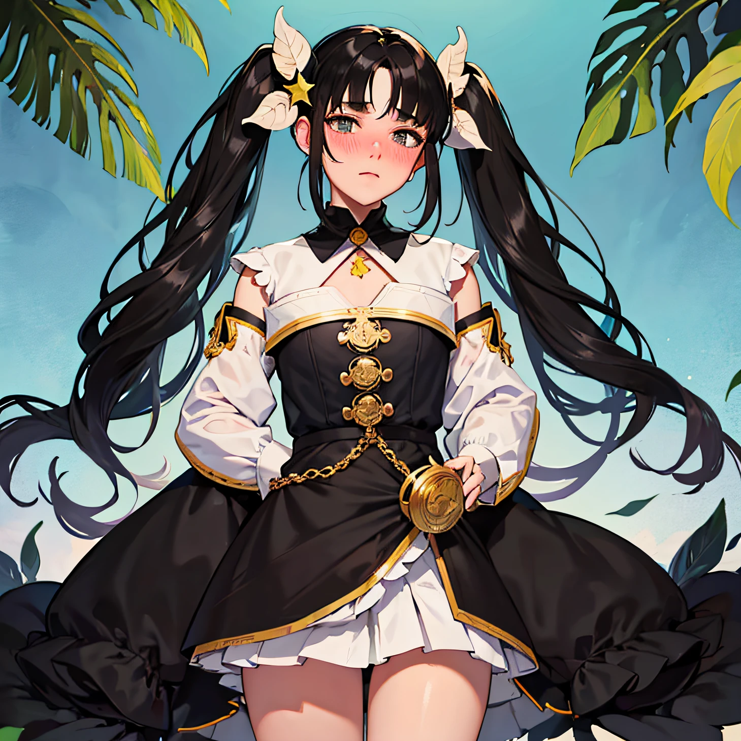 black hair, twintails, leaf hair ornament, star-shaped pupils, blush, sleepy, torogao, nose blush, high detail, chiaroscuro, pov, panorama, cowboy shot, masterpiece, ccurate, textured skin, high details, 1080P --auto