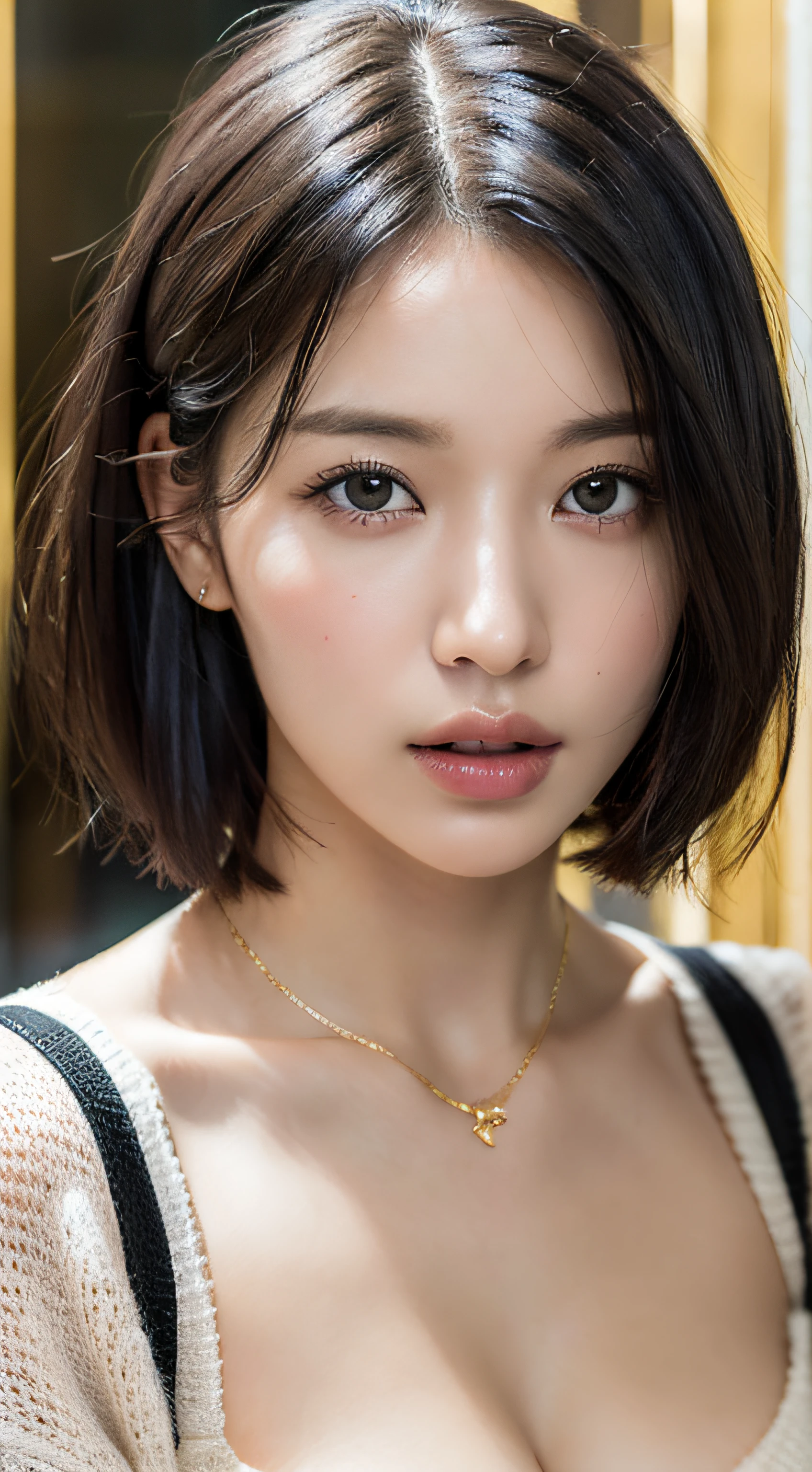 (masterpiece:1.3), (8k, photorealistic, RAW photo, best quality: 1.4), (1girl), beautiful face, (realistic face), (black hair, short hair:1.3), beautiful hairstyle, realistic eyes, beautiful detailed eyes, (realistic skin), beautiful skin, (sweater), absurdres, attractive, ultra high res, ultra realistic, highly detailed, golden ratio