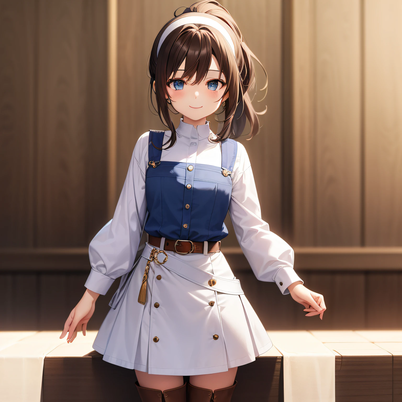 top quality, very delicate and beautiful, girl, 11 years old, (dark brown hair), blue clothes with vertical buttons, belt at the waist, white skirt, (ponytail)), (white hair band), (brown boots), blue eyes, standing, smile,