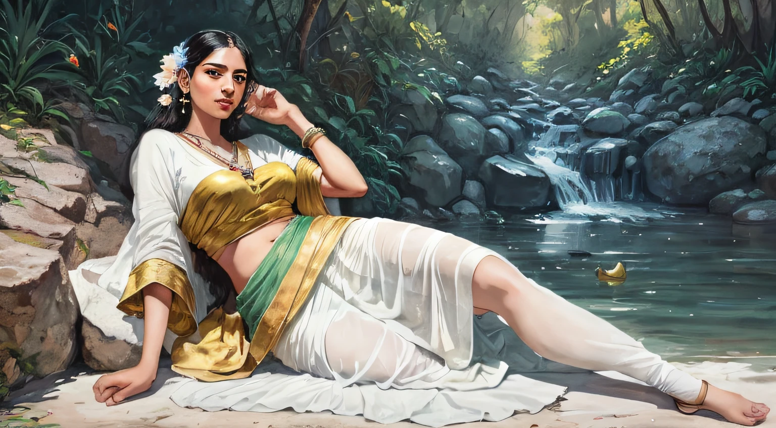 Reclining Nair Lady by artist Raja Ravi Varma, Realistic, 8K, ultra-detailed, Unreal Engine, midjourney art style
