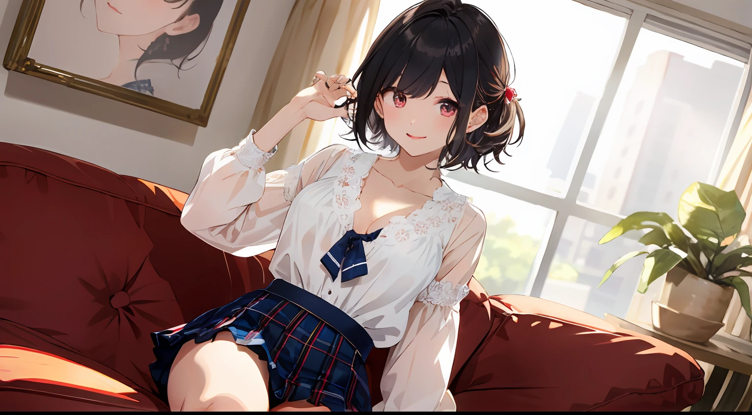 (in 8K, Raw photography, Top image quality, ​masterpiece: 1.4)(Cute Loose Bob hair)、(blouse　Plaid miniskirt:1.5)、(Pose with your hands on your chest and thighs:1.5)、(red-lips:1.3)、(L size breast size:1.3)、(toned hips:1.3)、(raw、top-quality、​masterpiece:1.5)、Provocation、Stimulating、glamor、student clothes、Arm outstretched pose、Sitting on the sofa、beautiful anime style、Show your crotch、(Grabbing the chest vigorously:1.48),Scream so much that you can see the back of your throat、Stand like a model from toe to toe、超A high resolution、absurderes、 girl with、beautiful countenance、red eyes、Blue eyes、Detally's Eye、symmetrical eye、Semi-long Sauvage Hair、Black hair tying、 White blouses、opened legs、Ruffled pink bra and pants are visible.、Blue plaid mini skirt、Silk Scarf、Black pantyhose、[:20d、:0.8]、 Smiling face at the camera、Small dimples、Sexually suggestive、 medium breasts⁩、Slim waist、Slim Leg、Long leg、 Boyfriend's house、perfect bodies、good proportion、 looking at viewert、 (On the bet、hyper detailed background:1.2)、 shinny skin、 natural soft light、The best lighting、细致背景、detailed shadow、foco nítido、Depth of field f / 2、 saturated、highly contrast、Strong light and shadow