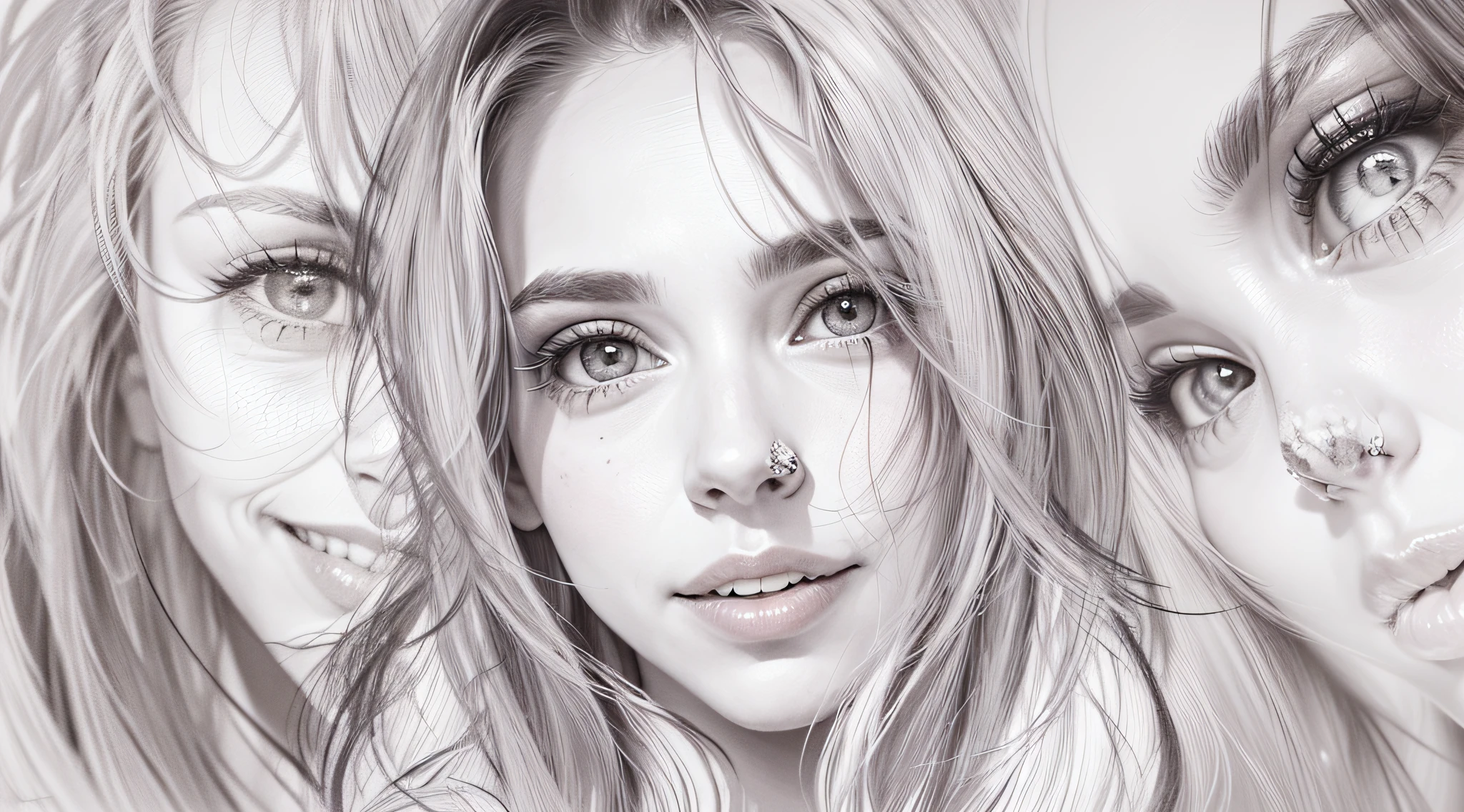 a drawing of a woman with a long hair and a big smile, potrait of a female face, a woman's face, face portrait of a woman, woman's face, face female portrait, sketch of a caucasian face, female face, portrait of a woman's face, portrait of woman's face, face portrait, simple drawing, detailed face of a woman