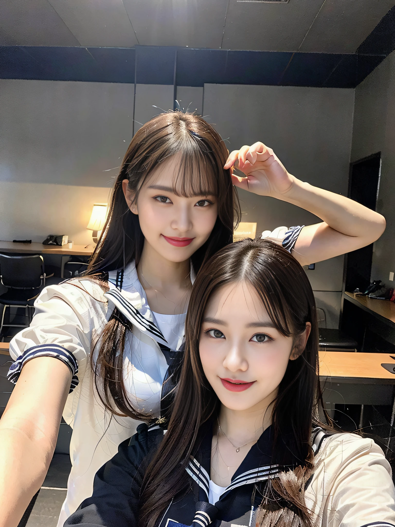 (8K、Raw photography、top-quality、masterpiece:1.2)、ultra-detailliert、ultra res、(realisitic、Real Photographics:1.47)、((Woman blinking))(High school girl winking at camera)From above、Camera from above、Camera angle from above、I'm looking at this with upward eyes、High-quality images taken with a camera from above、An Internet café full of heart、One eye is closed、(Fantastic lighting)Close one eye and look at me、winking、head to waist、de pele branca、Fair-skinned female proofreading、An ultra-high picture quality、Beautiful female proofreading reflecting in light、looking downwards、amazing detailed、Beautiful girls in very detailed、Faces with different patterns、Different face patterns、Each hairstyle has its own characteristics、Farbe々Hairstyle、Farbe々Hair color shining with clean light、Brown hair shining in the light、One has a ponytail、、Modern cute high school girl、very detailed faces very detailed eyes、Very realistic skin、 extremely detailed fingers, highly detailed nose, highly detail mouth, perfect anatomia, Highly detailed sailor suit、 de pele branca, glistning skin, Slim body, Long straight hair, (Blunt bangs:1.2),, JK Uniform, wearing japanese school uniform,
