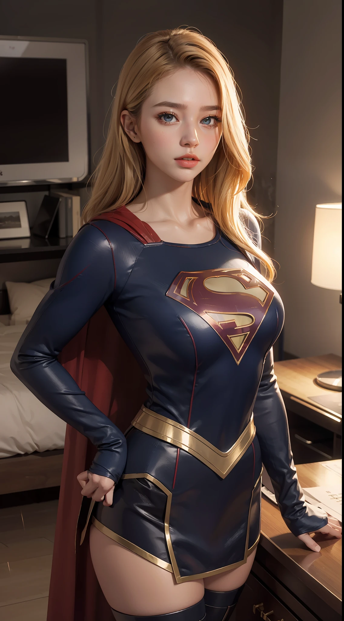 (Hyper Real), (illustratio), (A high resolution), (8K), (The is very detailed), (Most Best Illustration), (美丽细致的眼睛), (best qualtiy), (Super detail), (tmasterpiece), (Desktop wallpapers), (Detailed face),blond hairbl,Supergirl,Bigchest,Sexy figure