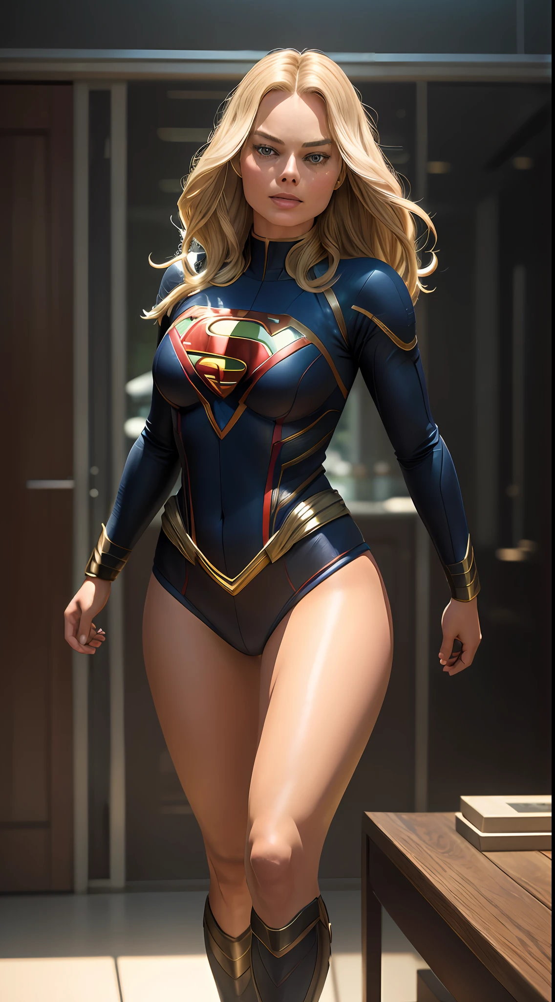 Margot Robbie as Supergirl, full body, soft lighting, dynamic angle, realistic lighting, (natural skin texture, hyper-realism, soft light, sharp: 1.2), (intricate details: 1.12), hdr masterpiece, best quality, (highly detailed photo: 1.1), 8k, photorealistic, best quality, ultra-detailed, high-detail skin, ultra-detailed ((full body including legs)).