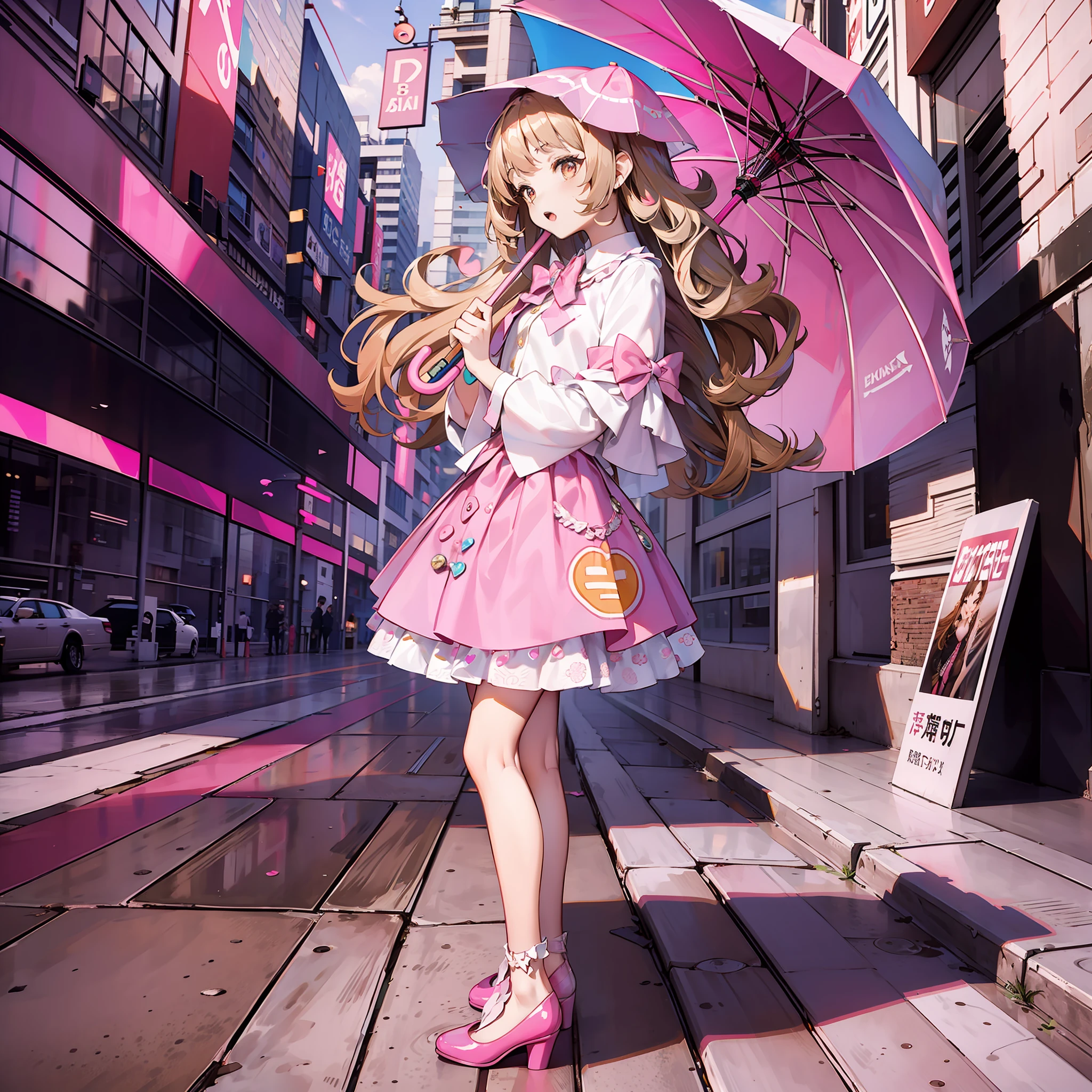 tmasterpiece,best qualtiy,Need,the detail,long brown curly hair,Pink puffy skirt,Small pink umbrella,Pink shoes,with brown eye,The background is an advertising version,vibrant with colors,Catchy,full bodyesbian,Cover of a,Fashionab,with dynamism,Need