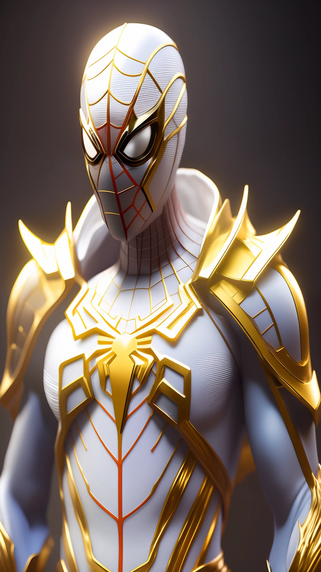 a close up of a statue of a man with a gold and white costume, super detailed render, 3 d render character art 8 k, intricate white and gold armor, full samurai armor spiderman, high detail iconic character, 8k render”, octane render ”, octane render”, super detailed octane render, super rendered in octane render, hyper detailed 3 d render, futuristic style spiderman