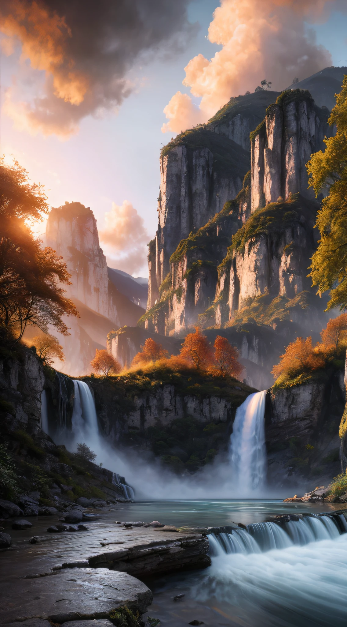 masterpiece, best quality, high quality, extremely detailed CG unity 8k wallpaper, scenery, outdoors, sky, cloud, day, no humans, mountain, landscape, water, tree, blue sky, waterfall, cliff, nature, lake, river, cloudy sky,award winning photography, Bokeh, Depth of Field, HDR, bloom, Chromatic Aberration ,Photorealistic,extremely detailed, trending on artstation, trending on CGsociety, Intricate, High Detail, dramatic, art by midjourney