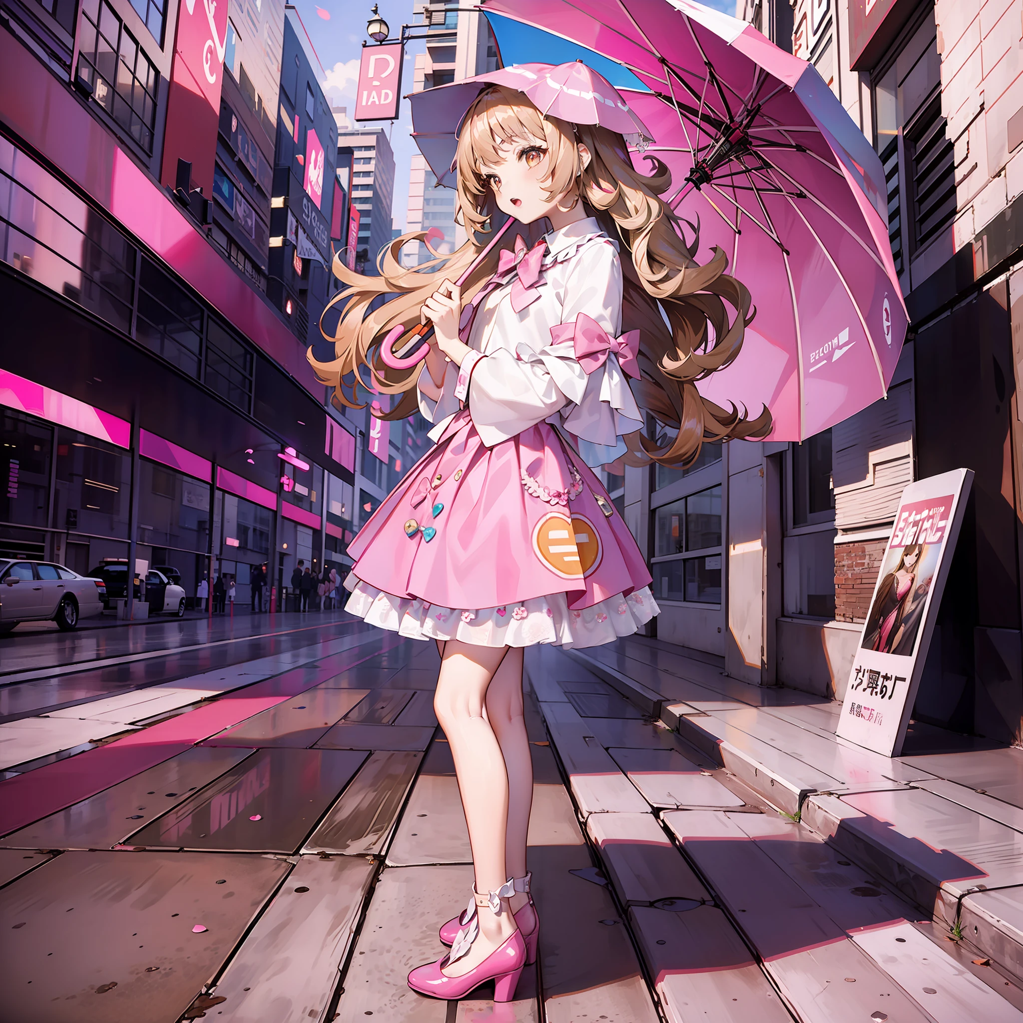 tmasterpiece,best qualtiy,Need,the detail,long brown curly hair,Pink puffy skirt,Small pink umbrella,Pink shoes,with brown eye,The background is an advertising version,vibrant with colors,Catchy,full bodyesbian,Cover of a,Fashionab,with dynamism,Need