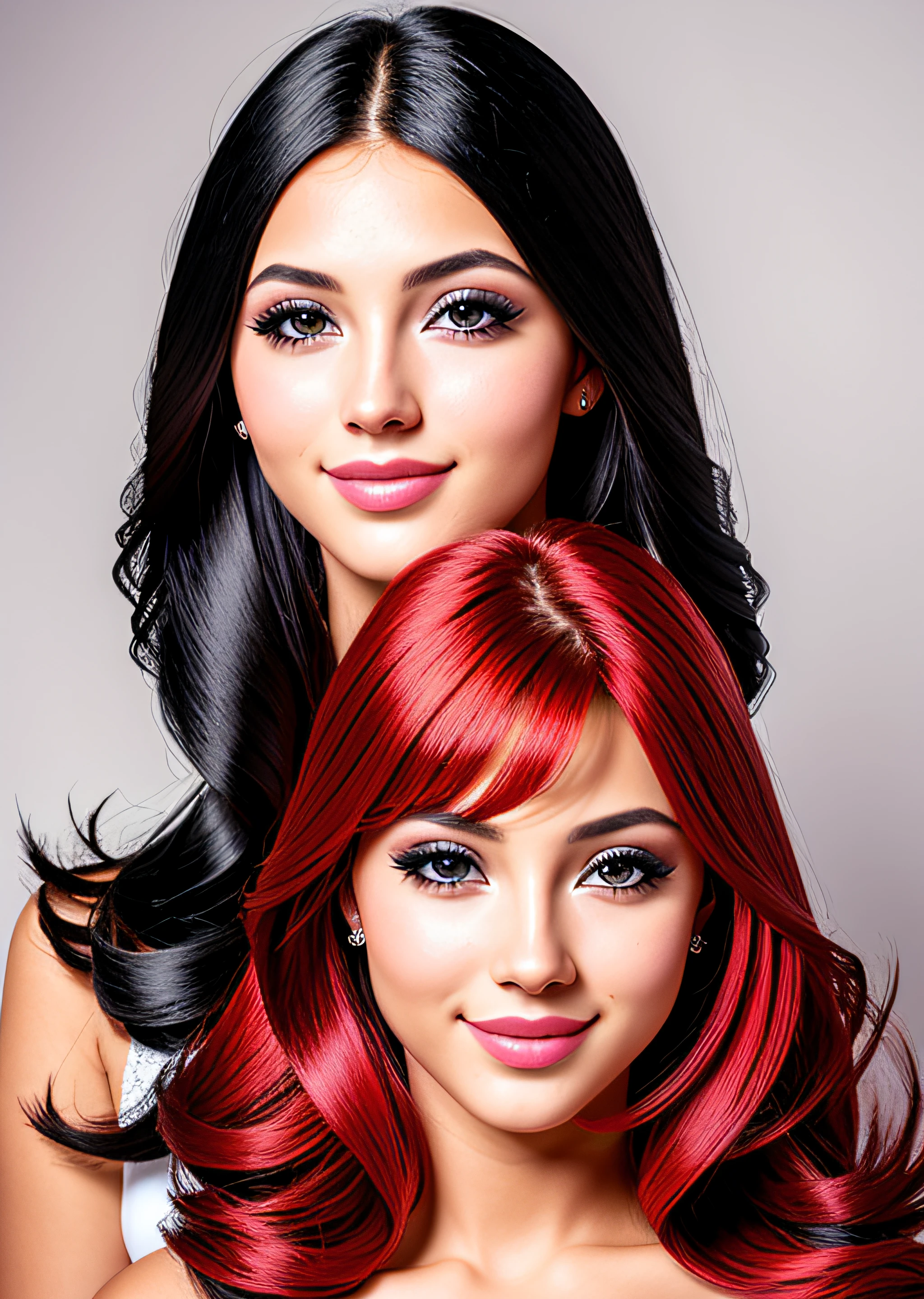 Fashion model photography, Madre con dos hijas, sonriente, Ropa roja, strong sense of design, Plano medio, Chica francesa, Cabello largo, Accesorios para el cabello, piel delicada, sonriente, Fondo simple, Alta textura, Luz de fondo deslumbrante, Professional Lighting Studio