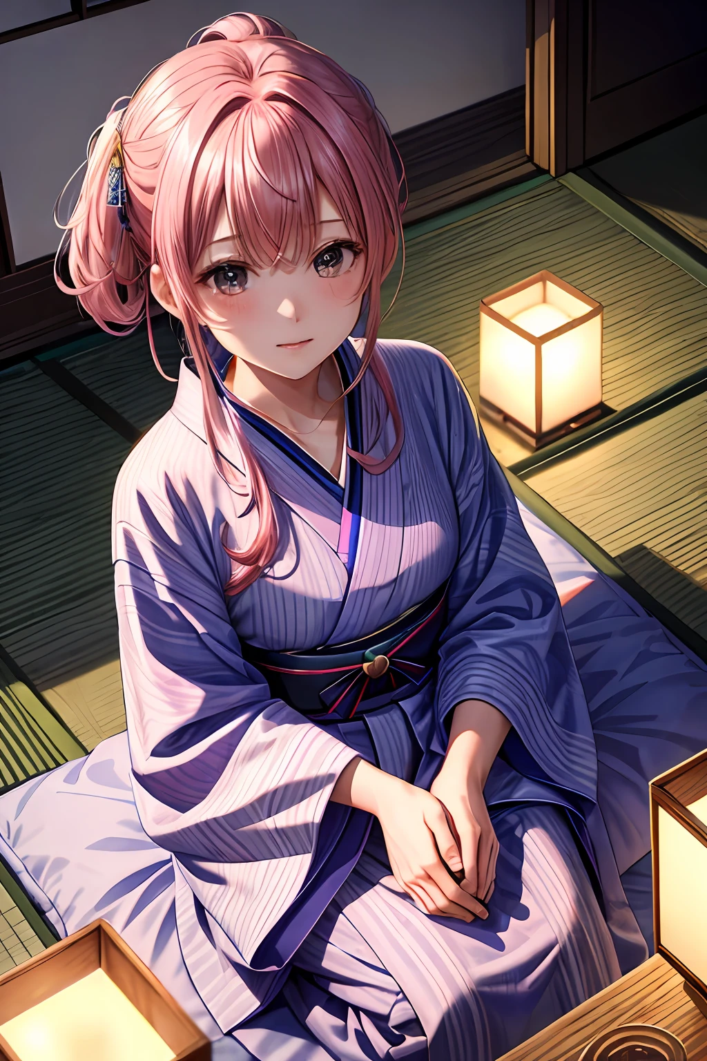 (masterpiece, detailed, highres), 1girl, medium, solo, indoors, tatami, moon light, pink hair, blue yukata, from above, best quality, kissing face