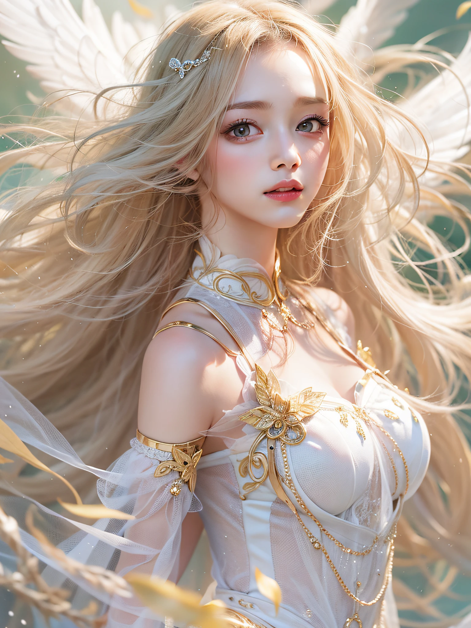 angel, super beautiful, colorful splashing, hiten, clear and beautiful, mysterious, beautifully painted, female, very long hair, bangs, floating hair, blonde hair, hair fluttering in the wind, delicate beautiful face, light smile, bright skin, white dress with gold decoration, Floating light spot, beautiful and clear background, Absurd, very fine 8K CG wallpaper, absurdres, highres, masterpiece:1.4, best quality