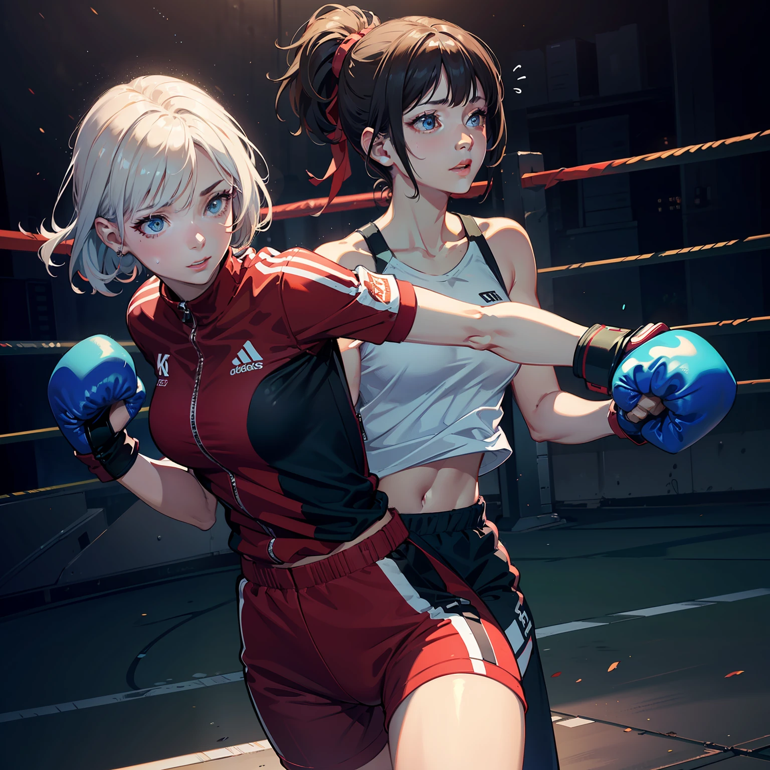 (original) , (very detailed wallpaper) , (best quality) , (masterpiece) , photographic reality, realistic, very detailed illustrations, (1 girl) , beautiful eyes, (delicate face) , perfect detail, (best lighting) , (super complex details) , 
, red track suit,fist fight, padded gloves, boxing headgear, muscular female, spoken flying sweatdrops, sportswear, 
4K unified, (super detailed CG: 1.2) , (8K: 1.2) , realistic, octane rendering