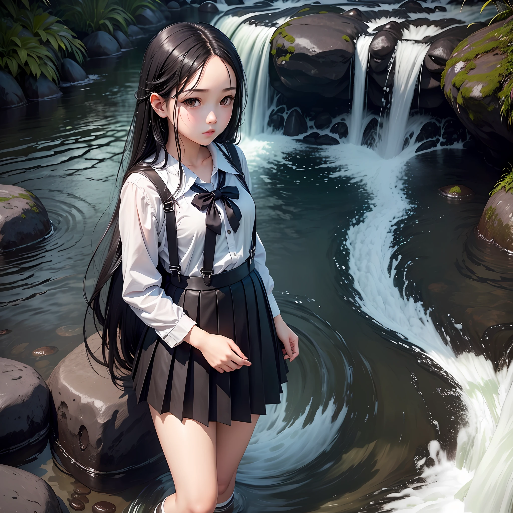 schoolgirls,Looks sweet and pure,Long black hair,Wear a black pleated skirt and white suspenders,In the background is a stream of flowing water --auto