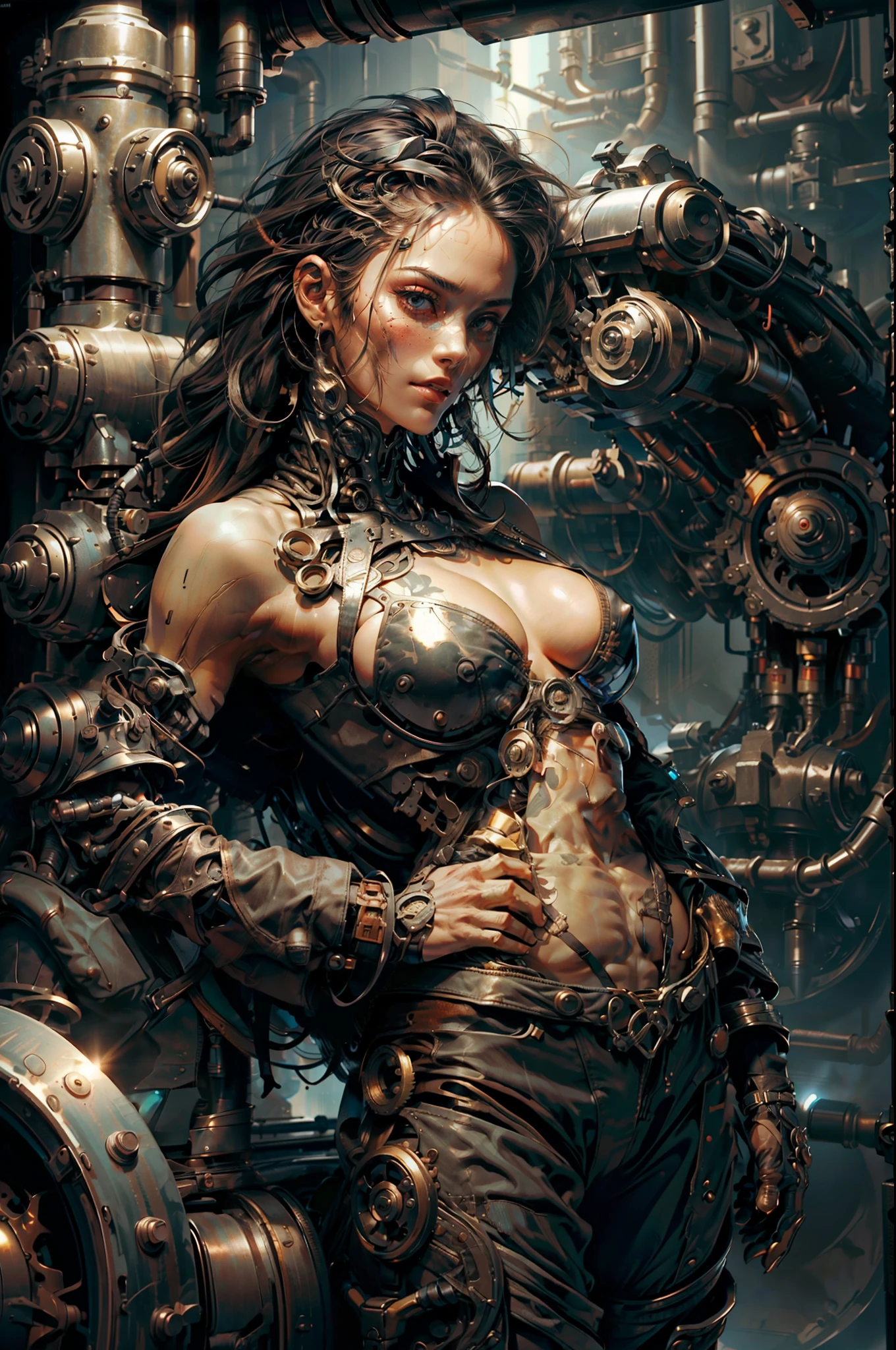 cyberpunked, ((masutepiece)), (Best Quality), ((Anatomically correct)), ((accurate hands)), Textured skin, Super Detail, high details, High quality, Best Quality, hight resolution, highly contrast, 8K, reflective light, Cowboy Shot, 8K, Super Detail, girl with, A dark-haired, length hair, waved hair, bangss, red blush, Solid Circle Eyes, ((Very shiny skin)), (juicy skin), Black Leather Vest, Black leather bikini, (Very shiny and complex clothing), Luxurious decoration, dark ilumination, ,Wide interior complex machinery in machine shop, Machine Wall, Gigantic Cogwheel, Lots of gears, Lots of plumbing, Steam gushes out of the pipe, spark of light, Many instrument panels,