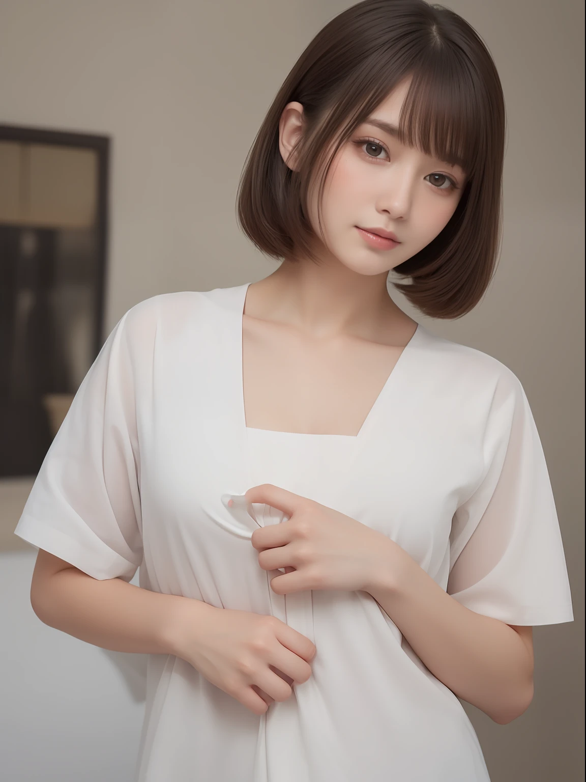 (in 8K, top-quality, a masterpiece of:1.2), (realisitic, Photorealsitic:1.37), ultra-detailliert, small tits、Skinny face、Mature look、de pele branca、nurse、Suppin、Narrow slit eyes、Small eyes、Small, Narrow eyes、30-years old,独奏,Nasal blush、A smile、a closed mouth、tiny chest、Delicate body、Black eyes、beatiful detailed eyes、Single eyelid、poneyTail、A dark-haired 、short cut hair、fullllbody、Skinny Legs、Manteau blanc、nurse、see -through、White blouse