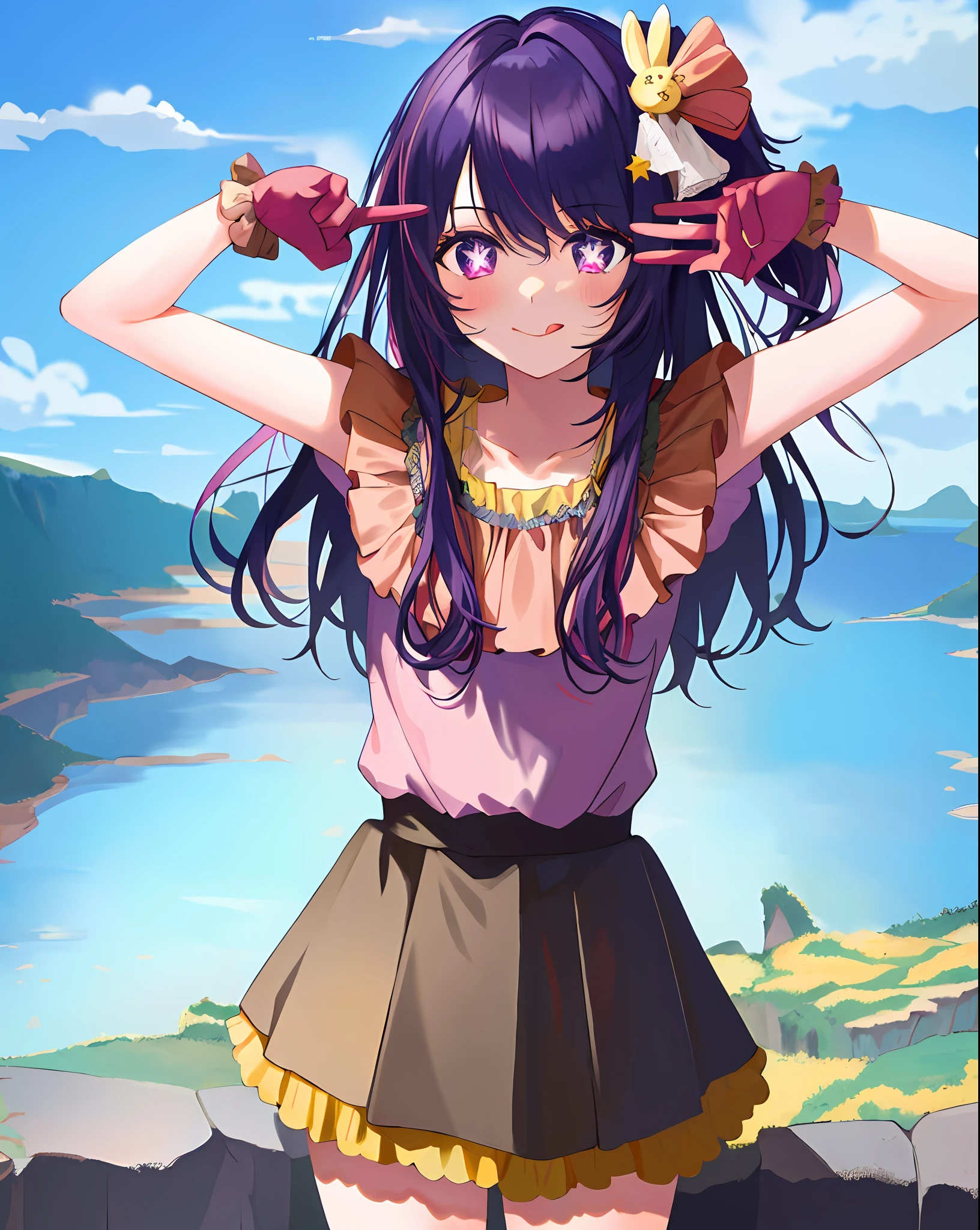 1girl, full body, cowboy shot,
(Rembrandt), illustration, (masterpiece), (best quality), (ultra_detailed), finely detail, (Depth of field),
HshinoAi,gloves, tongue out, tongue, long hair, star \(symbol\), looking at viewer, (purple hair:1.2), purple eyes, upper body, hair ornament, :p, frills, pink shirt, smile, sleeveless, shirt, idol, symbol-shaped pupils, hands up, bangs, one side up, star-shaped pupils, arms up,
dress pull,
Roaring Twenties, isometric, from above, sky, flower, cliff,