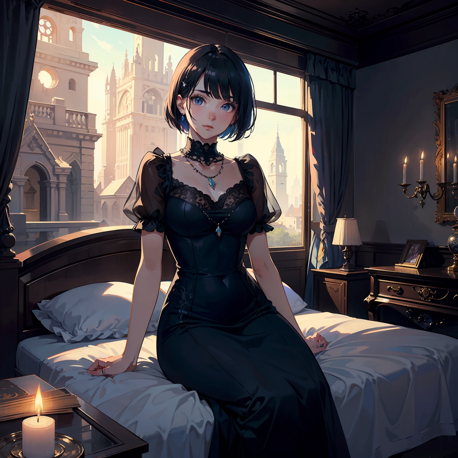 8K, (original) , (very detailed wallpaper) , (best quality) , (masterpiece) , photographic reality, realistic, very detailed illustrations, best illumination, best shadow, an extremely delicate and beautiful, Epic Light and Shadow, panorama, very wide shot, dynamic angle,  dynamic pose, half body, 
medieval, ornate bedroom, canopy bed, crystal, silk, lace, wind, night, moonlight, lit candle, 
1girl, beatiful detailed eyes and face,  sitting on bed, arm support,  black ornate dress, translucent dress, short hair, messy hair,  crystal ornament,  prefect body, crystal necklace,