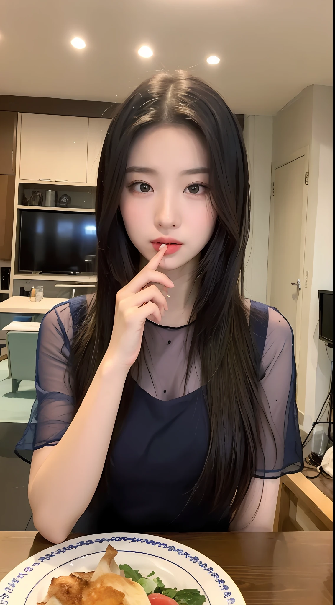 ((Best quality, 8k, Masterpiece :1.3)), Sharp focus :1.2, perfect figure beautiful woman:1.4, Slim abs:1.2, ((Layered Hair Style:1.2)), (Summer Hanfu:1.1 ), (inside in room:1.2), In the kitchen,At the dining table,On the sofa,Highly detailed facial and skin texture, A detailed eye, 二重まぶた,