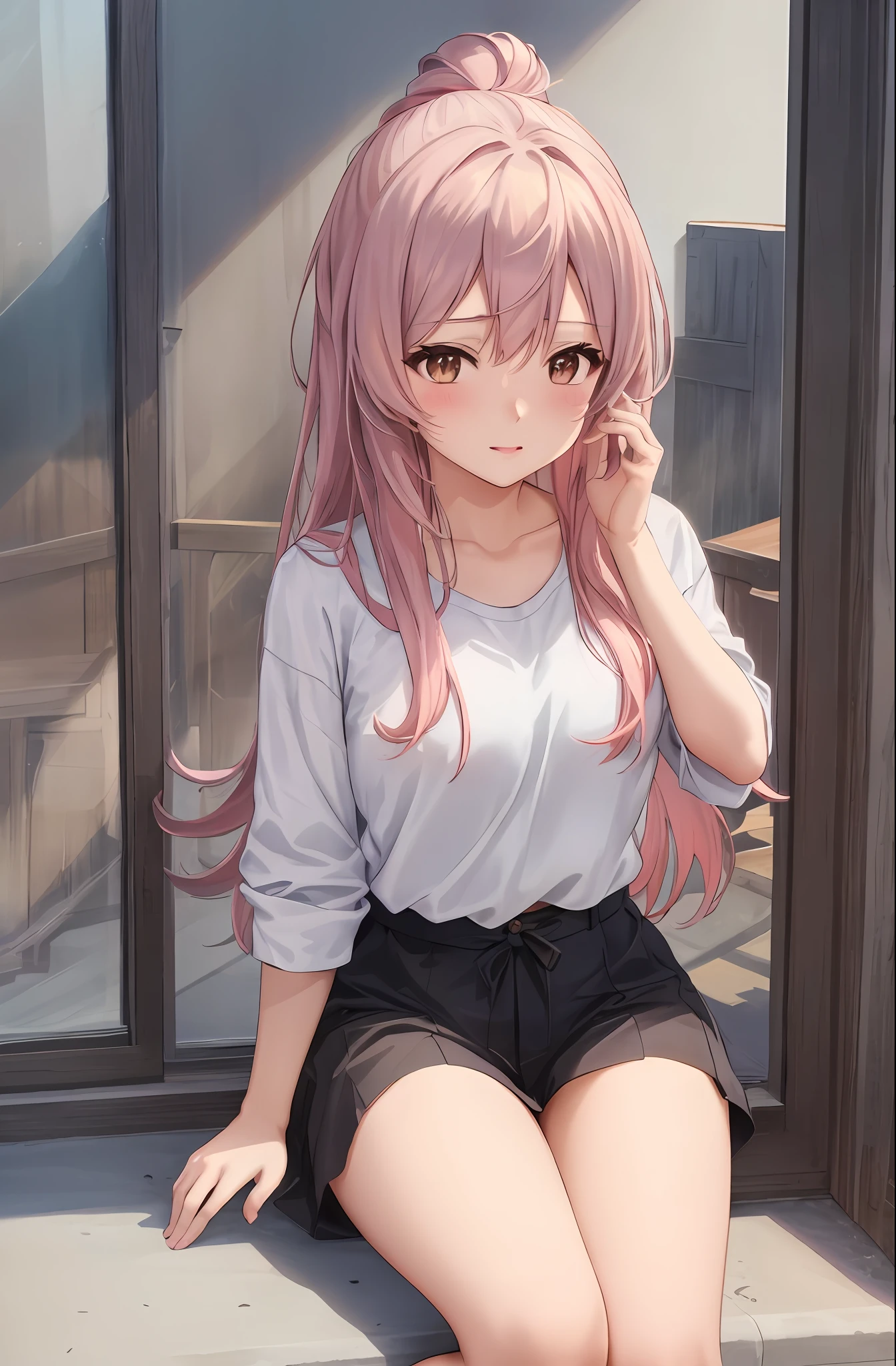 Anime girl with pink hair sitting on windowsill in front of city, Beautiful anime girl, Beautiful Anime High School Girls, attractive anime girls, seductive anime girls, Smooth anime CG art, style of anime4 K, pretty anime girl, Realistic young anime girl, Realistic anime 3 D style, photorealistic anime girl rendering, realistic anime artstyle, up of young anime girl