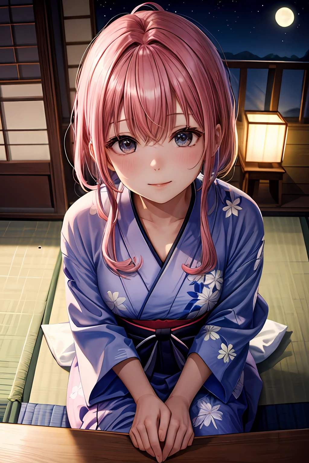 (masterpiece, detailed, highres), 1girl, medium, solo, indoors, tatami, moon light, pink hair, blue yukata, from above, best quality, kissing face
