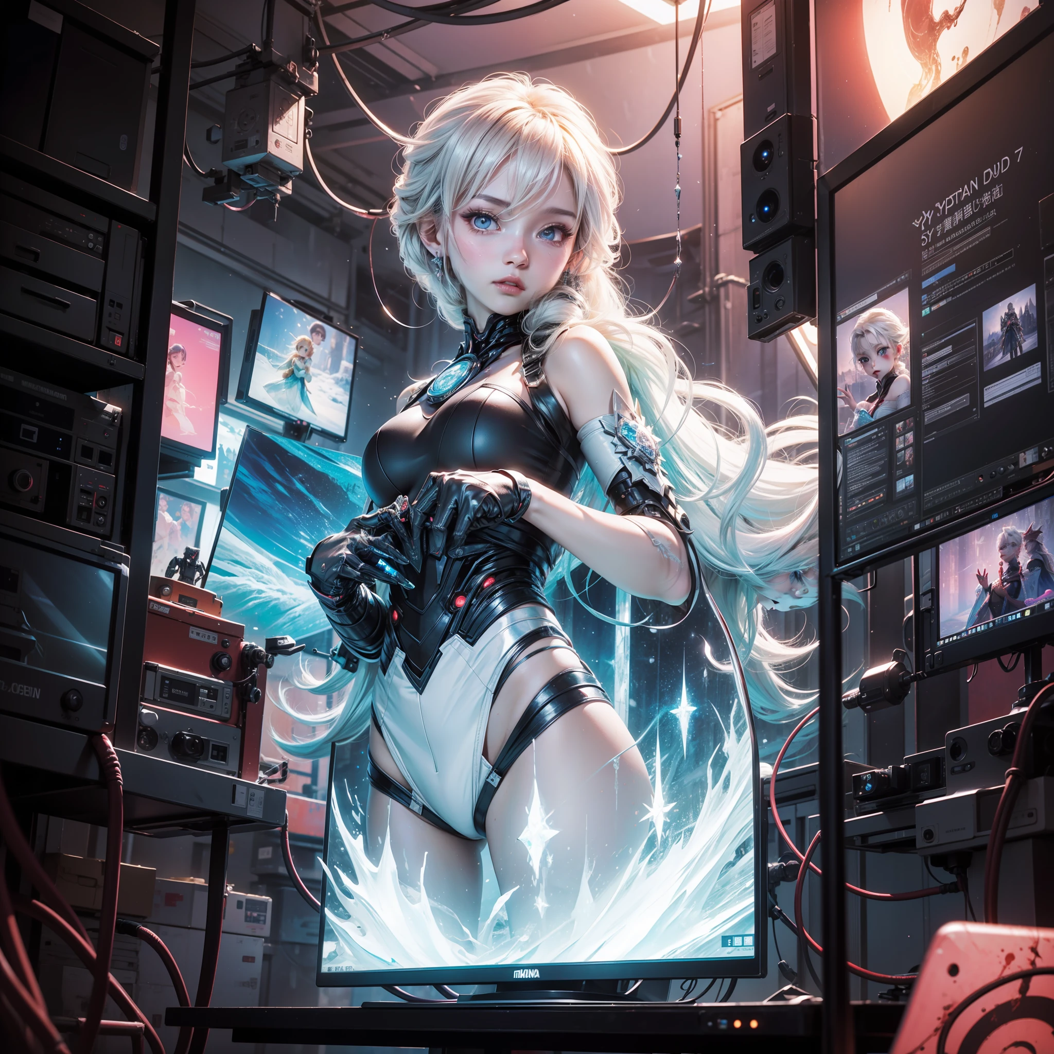(((Hyper Detail)))、Frozen Preserved Girl、makina、cyborgs、10 Worlds,000 years、a beauty girl、Full cable、Blood droplets、Large number of monitor screens、Frozen capsules、细致背景、Big Light、heav breathing、Danger to life、art by、dynamic compositions