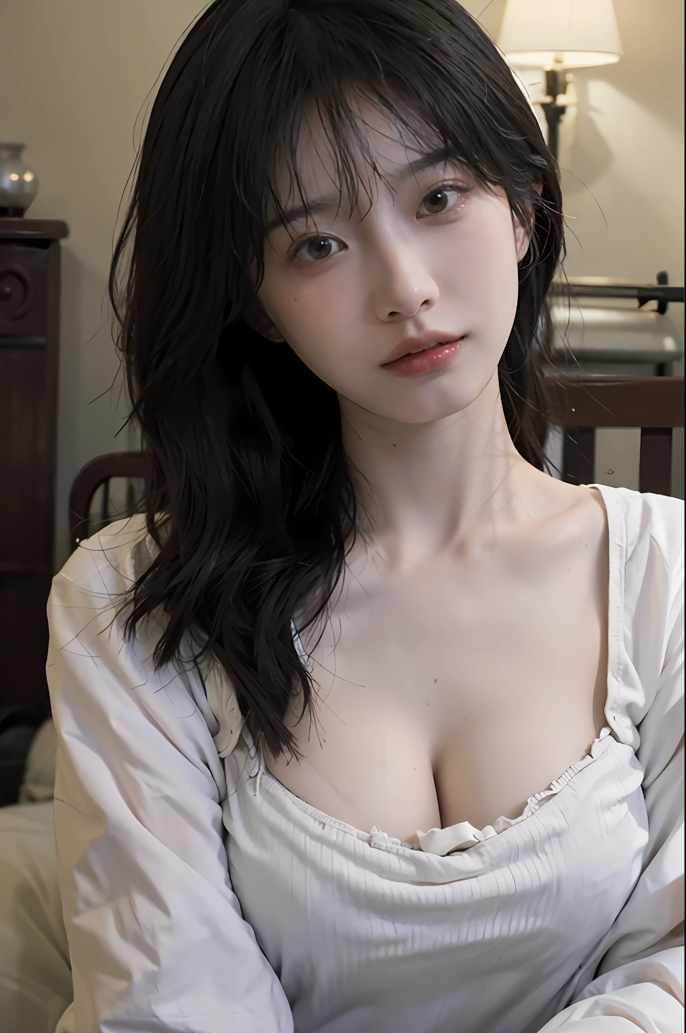 8K，best qualtiy，tmasterpiece，超高分辨率，（真实感：1.4），RAW photogr，（True skin texture：1.3），（filmgrain：1.3），1个Giant Breast Girl，Beautiful eye and face details，tmasterpiece，Best quality at best，closeup cleavage，The upper part of the body，Background with，Bedrooms，Warm yellow light，