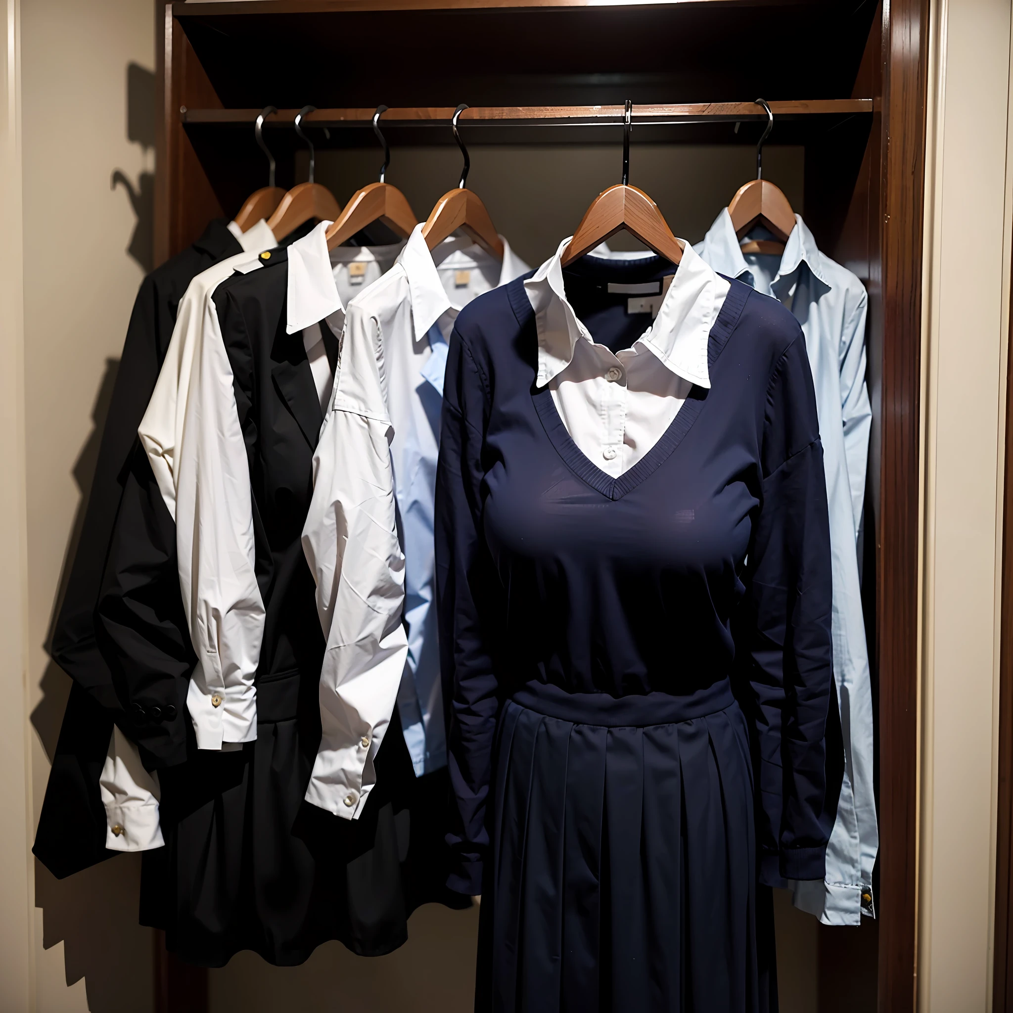 (realistic: 0), ((no humans)), ((invisible)), ((faceless)), ((headless)), ((empty clothes)), (huge breasts), girls' school uniforms on hangers swells as if possessed by invisible girls, ((school uniforms on hangers)), in the closet