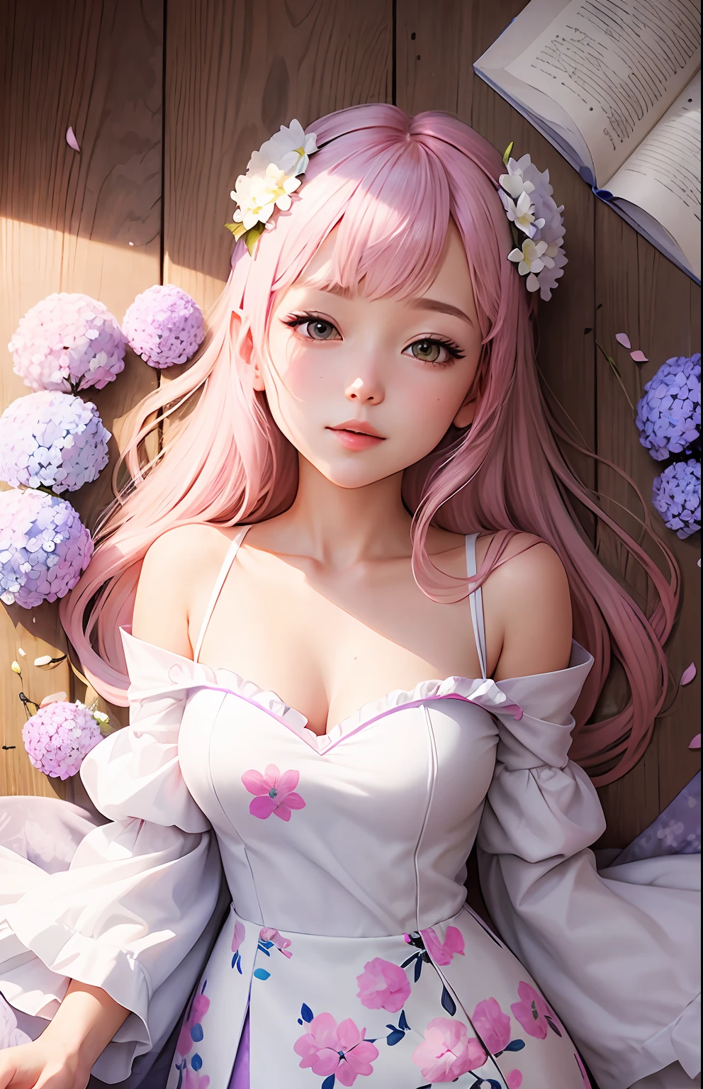 In front are light white petals，The back is blue，Pink，The purple，White hydrangea bush，Finally, there are the pink and white blooming cherry blossoms，illustration，Picture books --auto