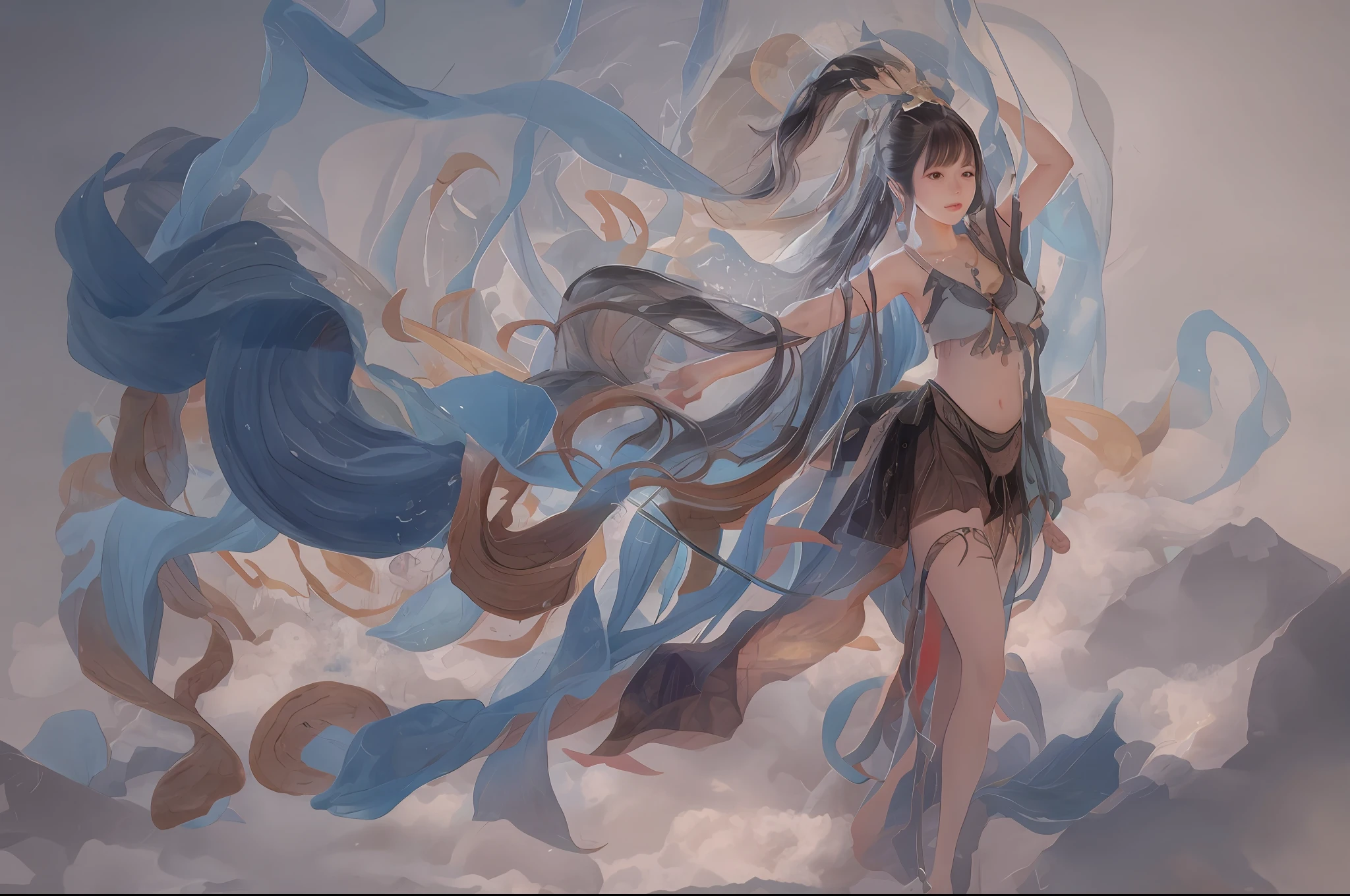 xiannv, flying, red dress, black hair, white clouds in the distance,full body, looking at the viewer, sideways,