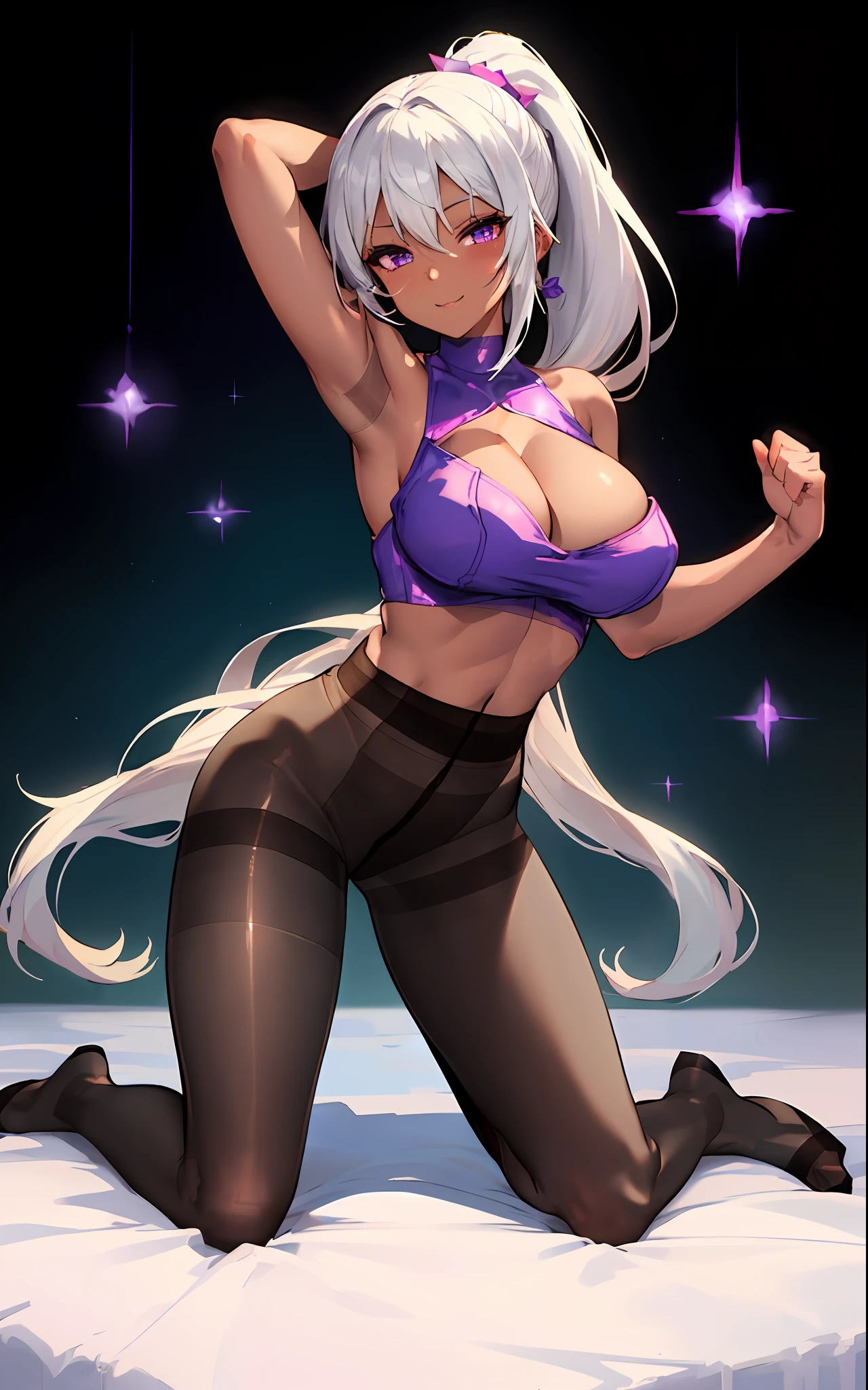 1 girl,masterpiece、beautiful lighting、Detailed beautiful face、Detailed beautiful eyes、hight resolution、Ultra-fine illustration、extremely delicate and beautiful、top-quality、The whole body is shown,(A MILF:1.7),30s、(Silvery hair、High Ponytail:1.5、Purple eyes)、(The eyes are detailed and beautiful、Kamimei),Curvaceous, (Kneeling:1.5)、A smile、(shinny hair, Glossy eyes, shinny skin), (glistning skin,darkskinned:1.3) 、(Recurve the body、up chest)、Armpit、raise arms、hands behind head、gloves、elbowgloves、Emphasis on the chest、Open legs、(Enamel、body suit、Sleeveless 、turtle neck)、a short skirt、thighs thighs thighs thighs、Watch your audience、under the boobs、blushed、Plump and thick thighs、(pantyhose:1.7)、Blushing cheeks、(abdominals:1.3)