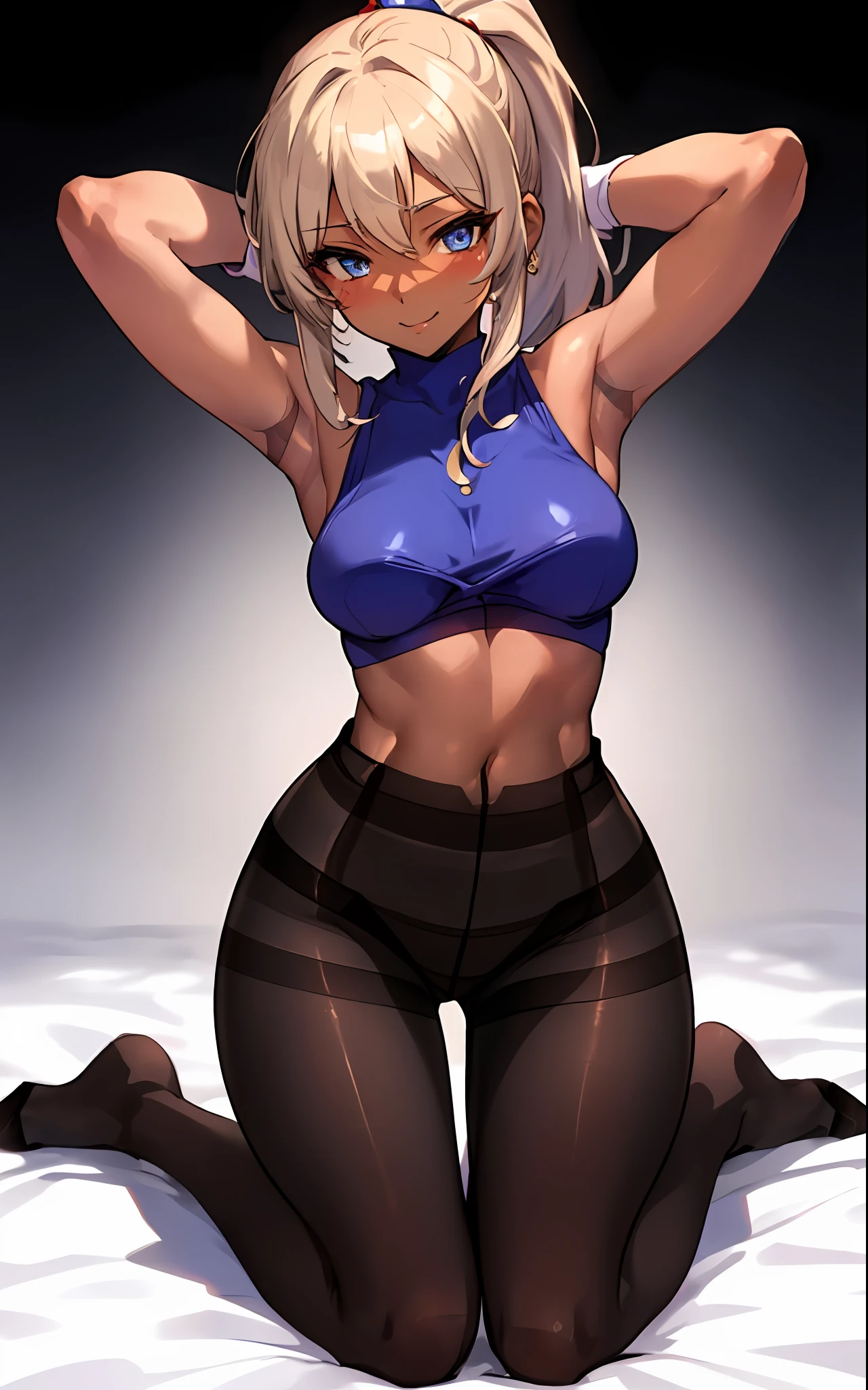 1 girl,masterpiece、beautiful lighting、Detailed beautiful face、Detailed beautiful eyes、hight resolution、Ultra-fine illustration、extremely delicate and beautiful、top-quality、The whole body is shown,(A MILF:1.7),30s、small tits、(Brown hairs、High Ponytail:1.5、Blue eyes)、(The eyes are detailed and beautiful、Kamimei),Curvaceous, (Kneeling:1.5)、A smile、(shinny hair, Glossy eyes, shinny skin), (glistning skin,darkskinned:1.3) 、(Recurve the body、up chest)、Armpit、raise arms、hands behind head、gloves、elbowgloves、Emphasis on the chest、Open legs、(Enamel、body suit、Sleeveless 、turtle neck)、a short skirt、thighs thighs thighs thighs、Watch your audience、under the boobs、blushed、Plump and thick thighs、(pantyhose:1.7)、Blushing cheeks、(abdominals:1.3)