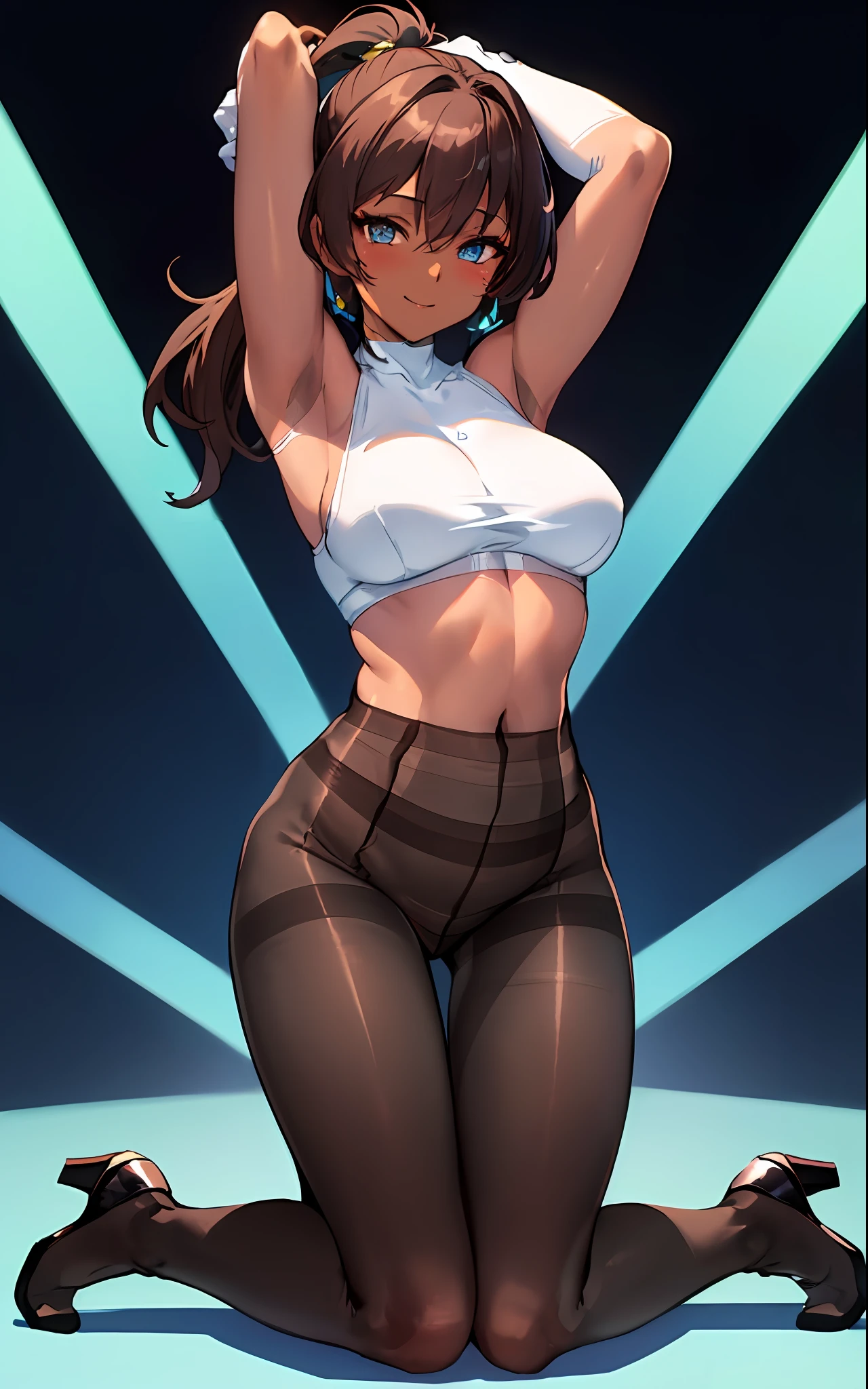 1 girl,masterpiece、beautiful lighting、Detailed beautiful face、Detailed beautiful eyes、hight resolution、Ultra-fine illustration、extremely delicate and beautiful、top-quality、The whole body is shown,(A MILF:1.7),30s、small tits、(Brown hairs、High Ponytail:1.5、Blue eyes)、(The eyes are detailed and beautiful、Kamimei),Curvaceous, (Kneeling:1.5)、A smile、(shinny hair, Glossy eyes, shinny skin), (glistning skin,darkskinned:1.3) 、(Recurve the body、up chest)、Armpit、raise arms、hands behind head、gloves、elbowgloves、Emphasis on the chest、Open legs、(Enamel、body suit、Sleeveless 、turtle neck)、a short skirt、thighs thighs thighs thighs、Watch your audience、under the boobs、blushed、Plump and thick thighs、(pantyhose:1.7)、Blushing cheeks、(abdominals:1.3)